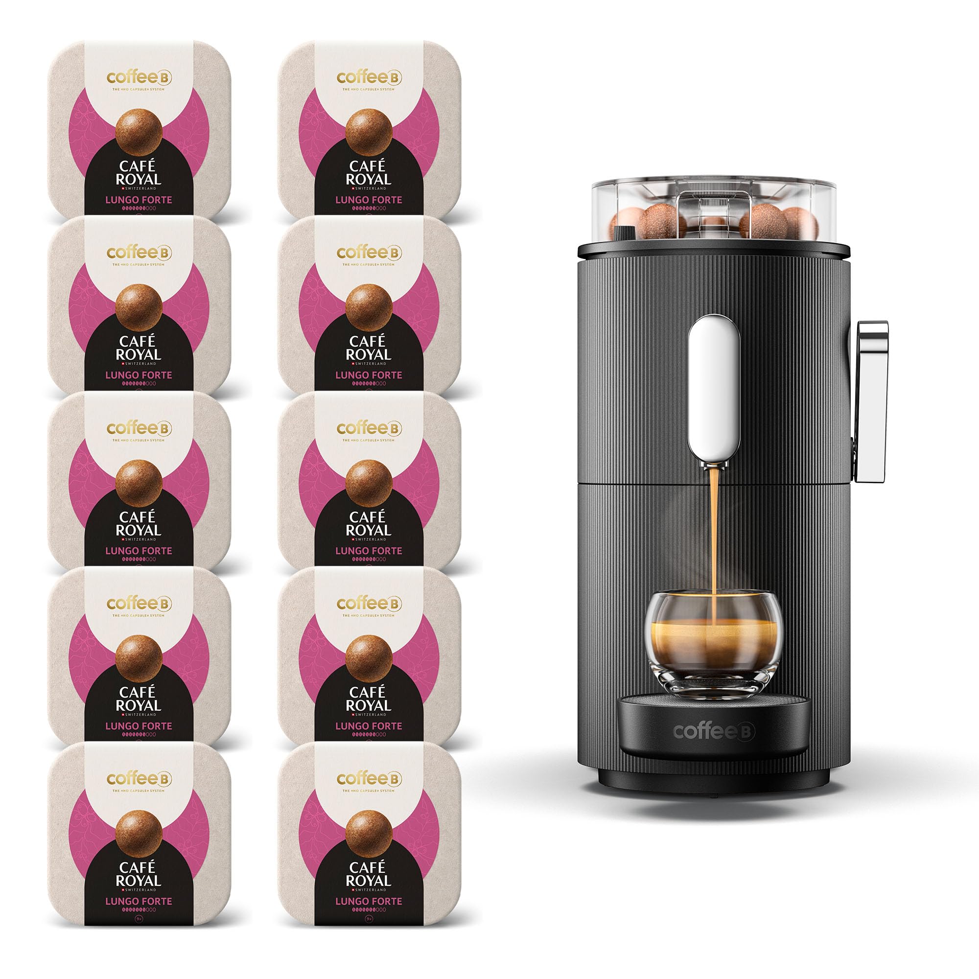 CAFE ROYAL SWITZERLAND PROFESSIONAL Machine à Café CoffeeB Globe Noir 1.3L avec 90 Coffee Balls Lungo Forte - 100% Compostables
