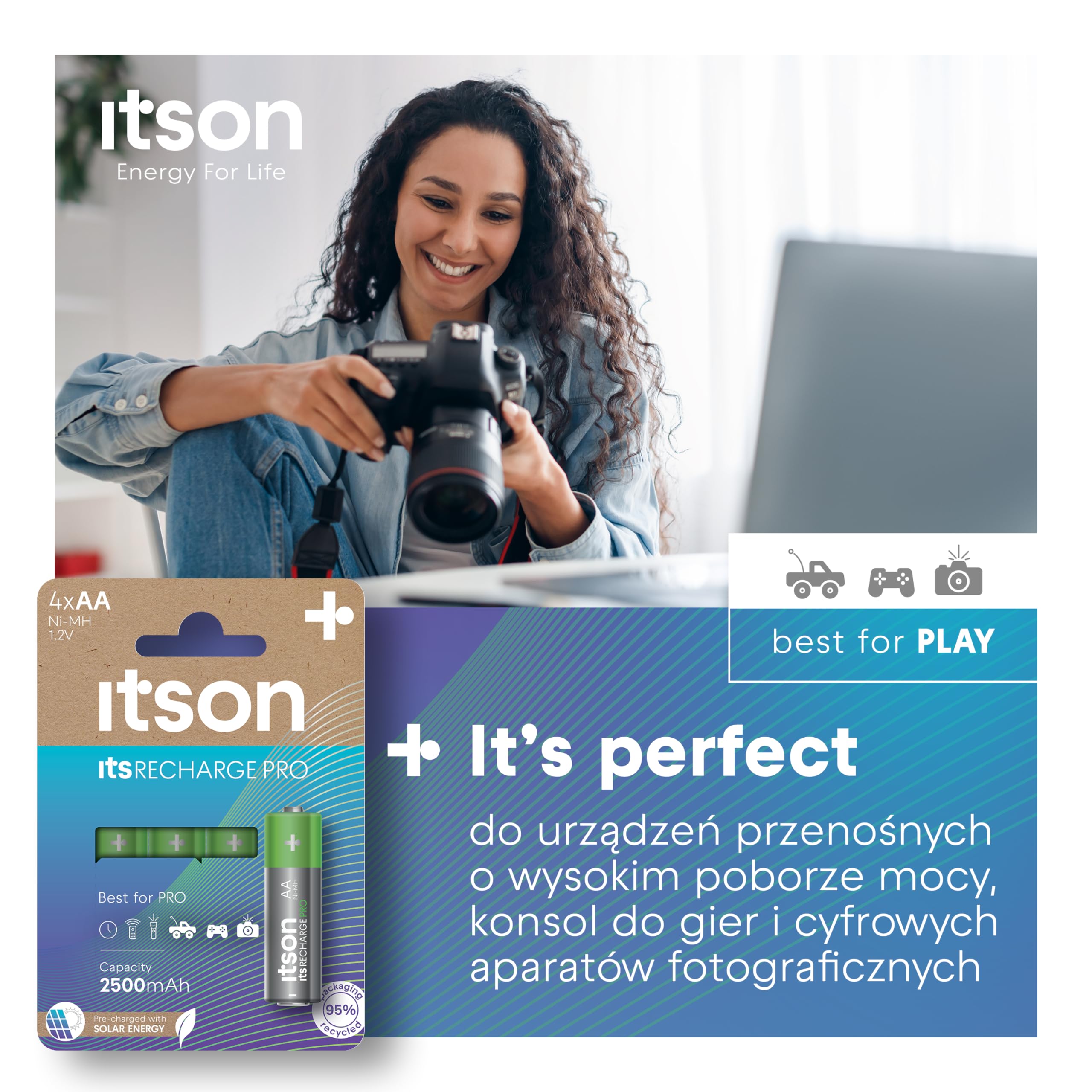 ITSON, gotowe do użycia akumulatorki AA Ni-MH, 2500 mAh, 4 sztuki, idealne do aparatów cyfrowych, kontrolerów gier video, zabawek, HHR6-2500IT/4CB