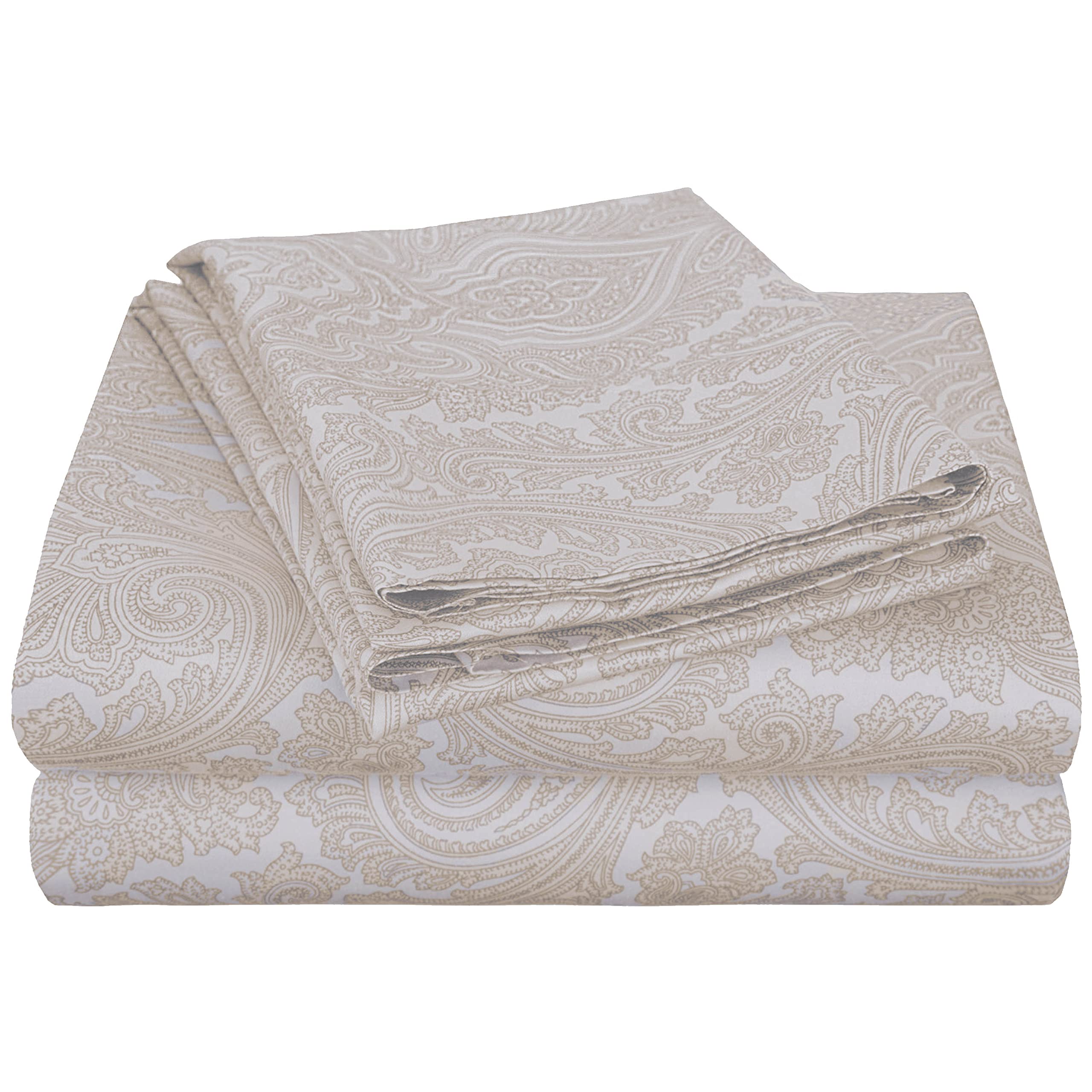 Superior 600 Thread Count Cotton Blend Bed Sheet Set, Italian Paisley Design, Includes 1 Fully Elastic Deep Pocket Fitted Sheet, 1 Flat Sheet, 2 Pillowcases, Sateen Weave, Queen, White