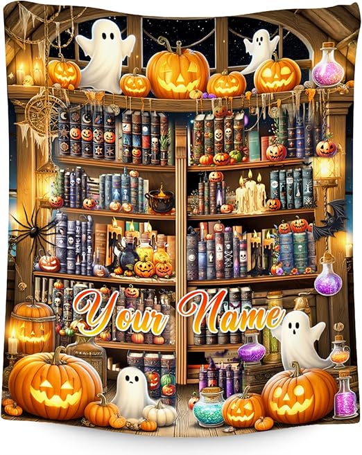 Halloween Blankets and Throws, Custom Book Blanket for Book Lovers, Personalized Gifts for Kids, Soft Fleece Throw for Girls Women (4 Sizes Choose)