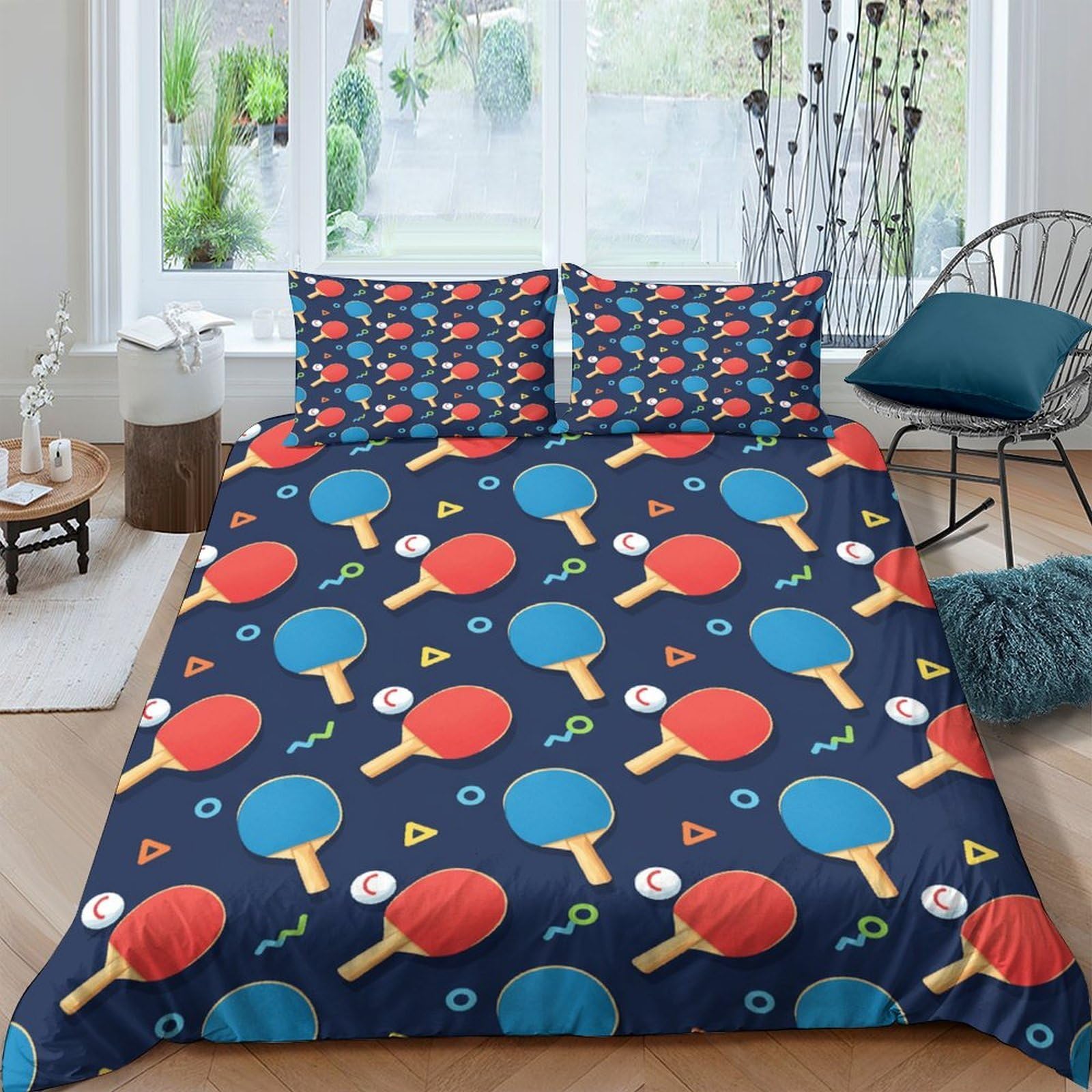 GPLZQXKJNH 3D Printed Table Tennis Duvet Cover Microfiber Soft Breathable Ping Pong Bedding Set with 2 Pillowcases for Bedroom Apartment Single（135x200cm）
