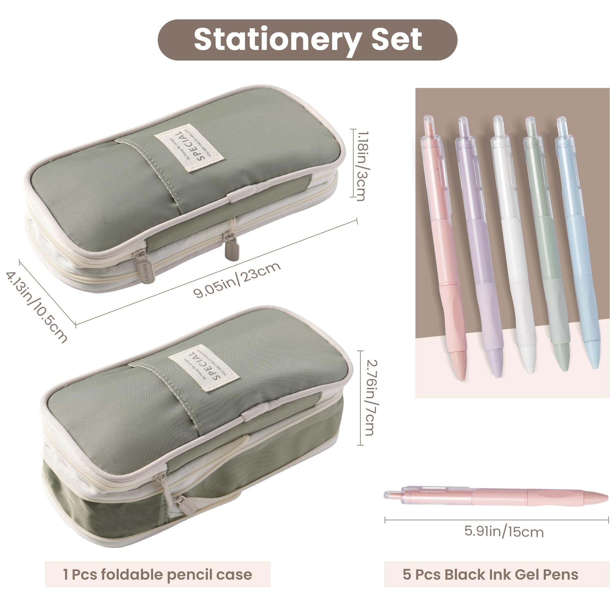 Large Capacity Pencil Case, Pencil Pouch with 5 Black Gel Pens (0.5mm), Big Zipper Pen Bag for Students, Aesthetic School Supplies, Cute Stationery Set for Girls and Women (Green)