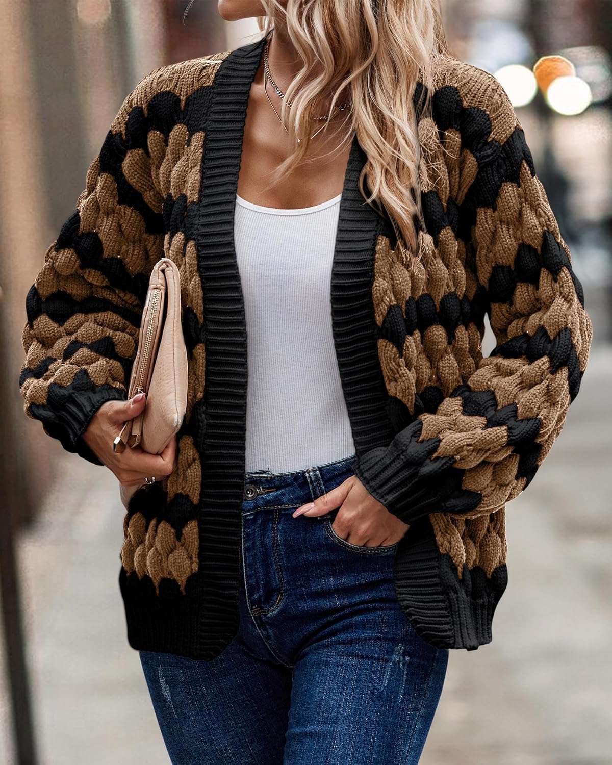 KIRUNDO Womens Cardigan Chunky Fall Fashion Lantern Sleeve Open Front Striped Color Block Cable Knit Winter Sweater Coats - Image 3