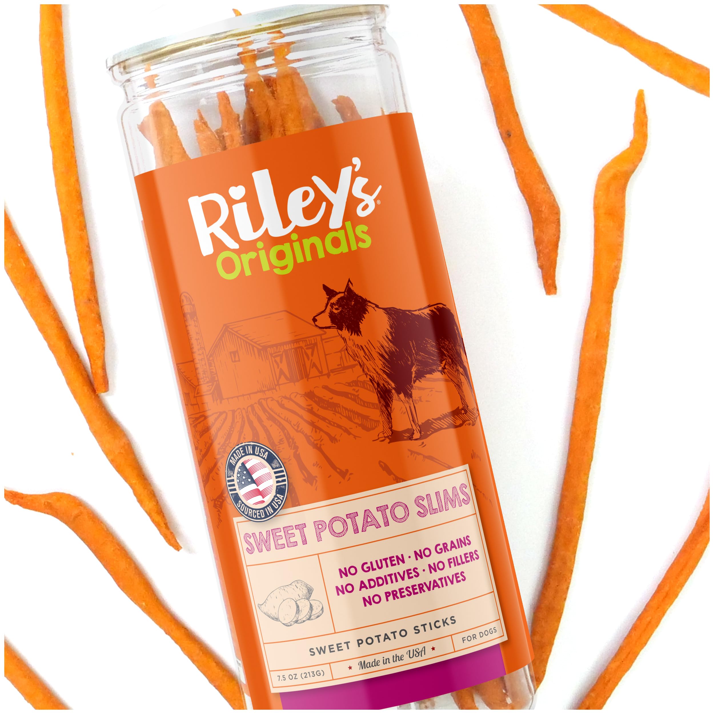Riley's Slims Dried Sweet Potato Dog Treats - Dehydrated Chews for Dogs - Single Ingredient USA Sourced Made in The USA - 7.5 oz