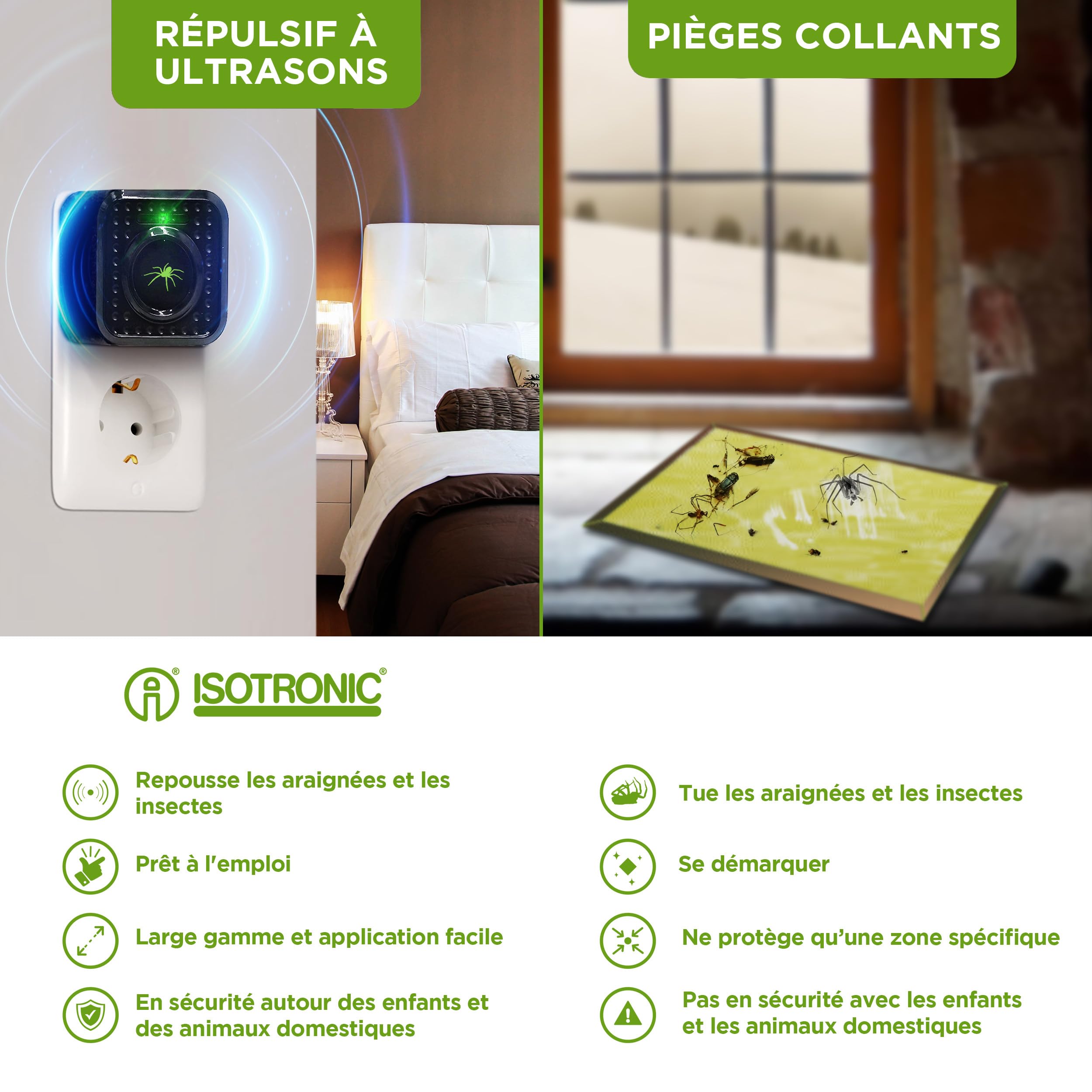 ISOTRONIC® Prise Anti Araignée Répulsif à Ultrasons contre les Araignées appareil électrique sans produits chimiques contre les insectes pour usage intérieur pour Chambre Salon Cuisine, Lot de 5