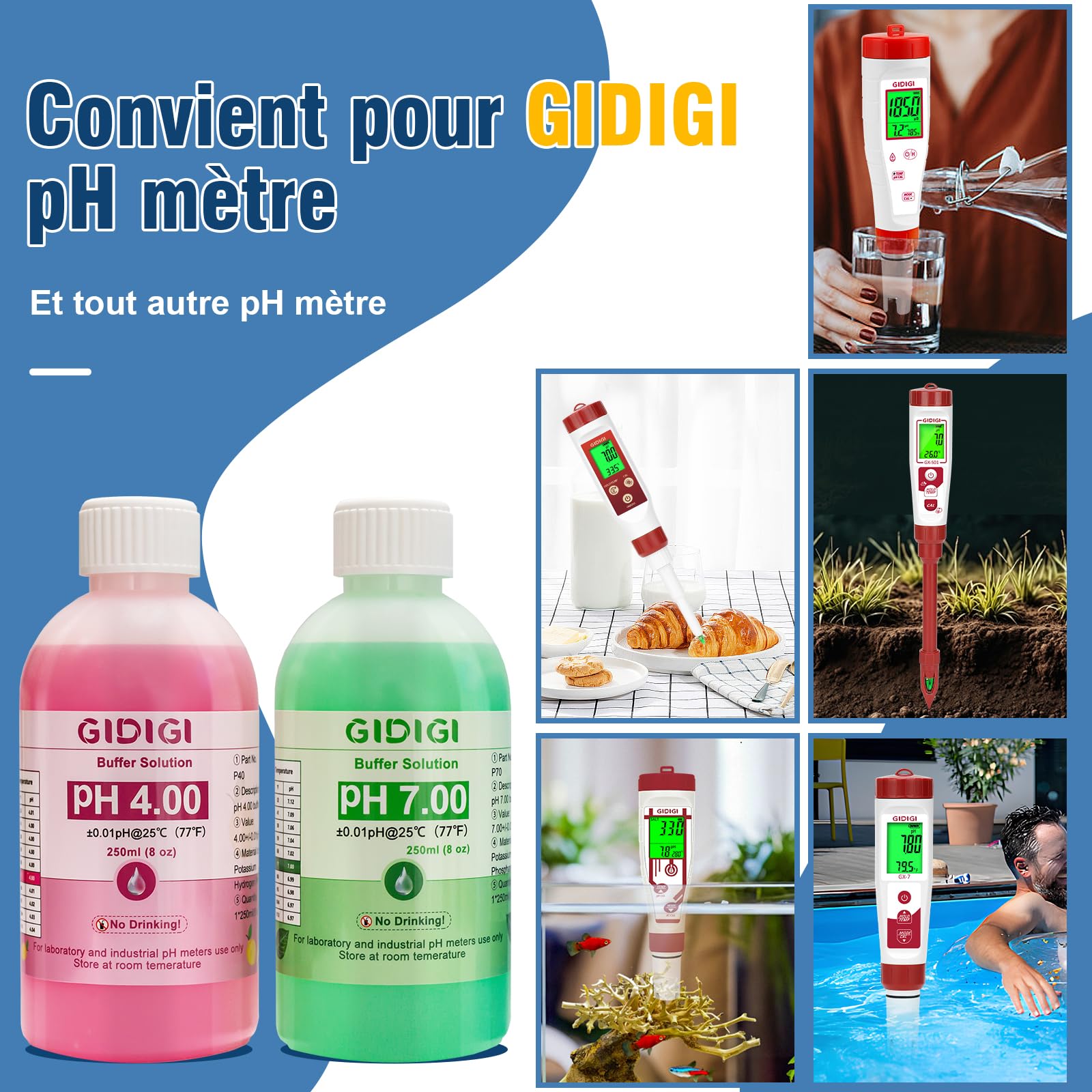 Kit de solution d'étalonnage de pH-mètre, comprend une solution de protection d'électrode dkit solution tampon ph 7 et ph 4, solution de pH 250 ml x 2, solution de stockage de sonde de pH 30 ml x 1