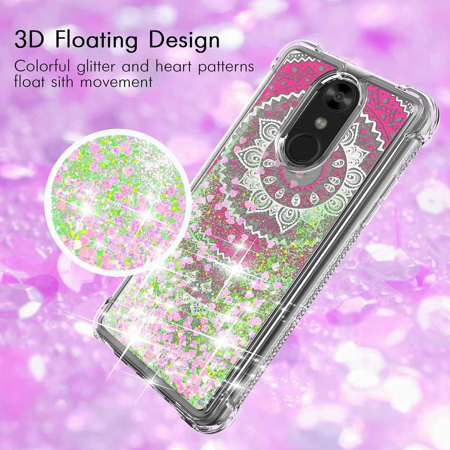 LG Stylo 4 Case, Stylo 4 Plus Case Full-Body Shockproof Glitter Liquid Quicksands Flowing Sparkle Bling Four-Corner Anti-Drop W Mandala Flower Pattern Inside Design Heavy Duty Protective Case,Pink