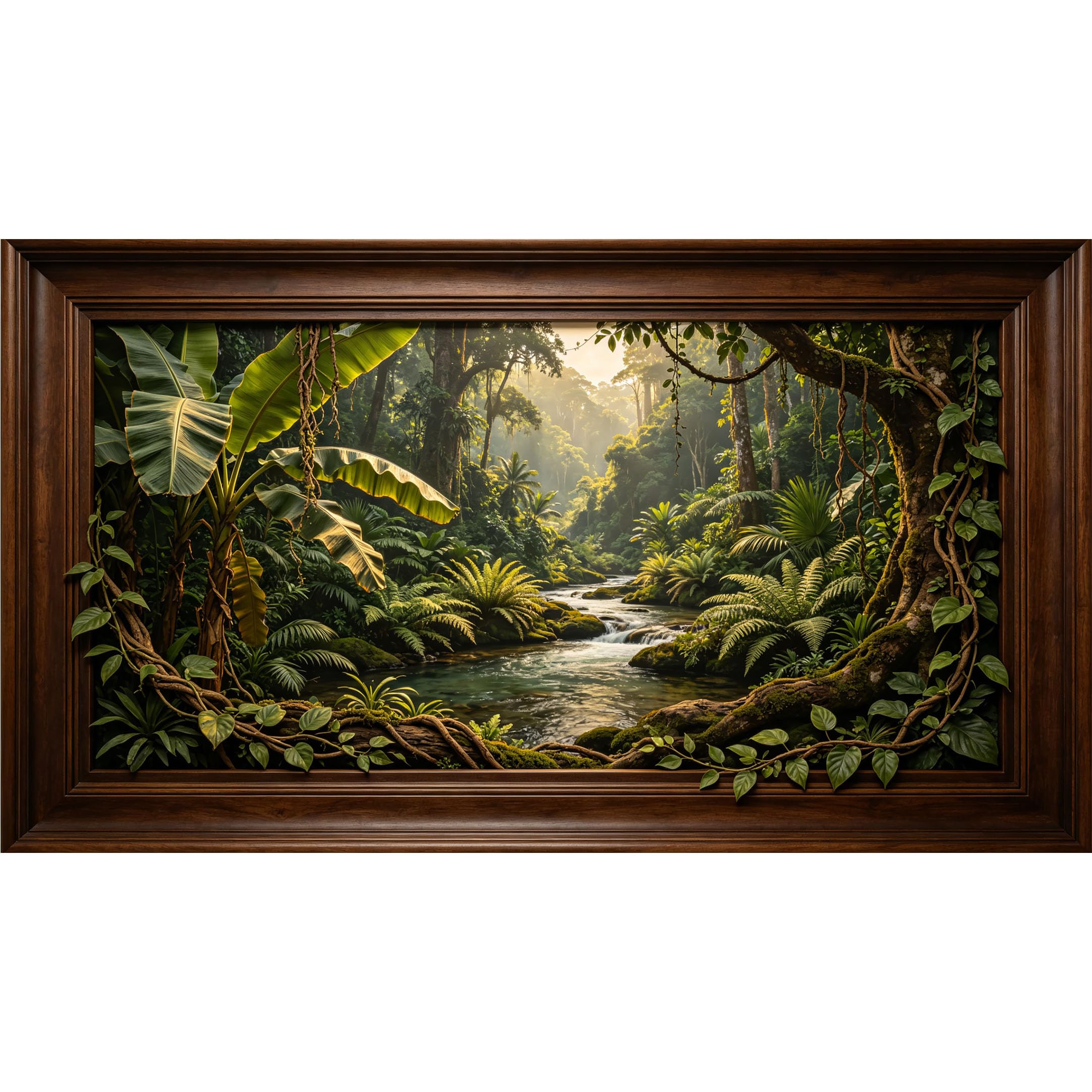 QZLITHOTIC 50x90cm3D Framed Wall Art， Tropical Jungle River Landscape Self‑Adhesive Mural， Water‑Activated Peel & Stick Fabric Decor Wall Decal for Bedroom Living Room