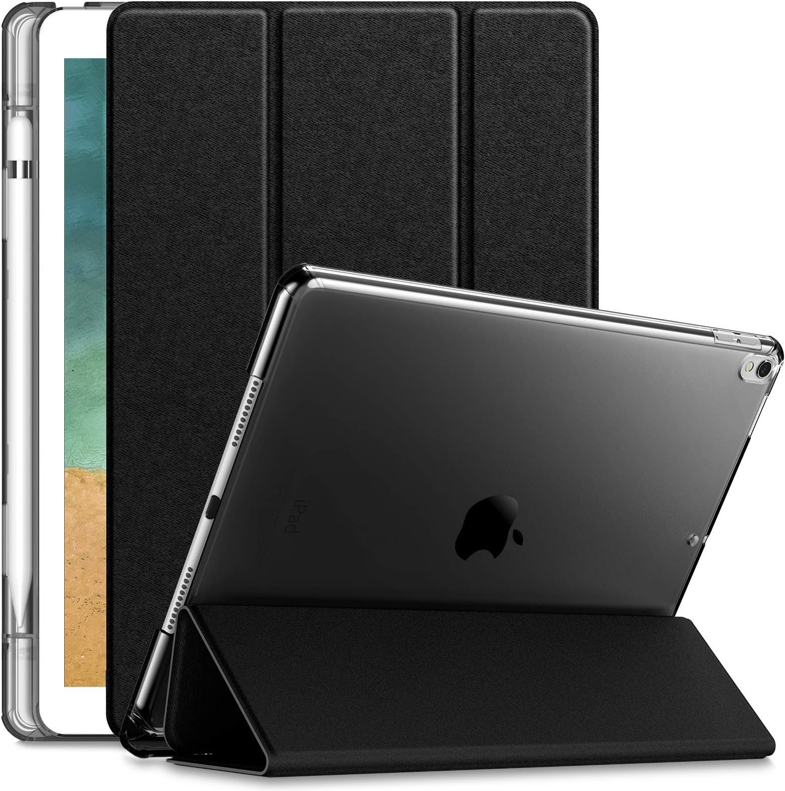 INFILAND Compatible with iPad Air 3 Case (10.5 Inch 2019)/iPad Pro 10.5 2017 Case,Translucent Frosted Back Stand with Pencil Holder,PU Leather Smart Cover with Auto Sleep/Wake,Black