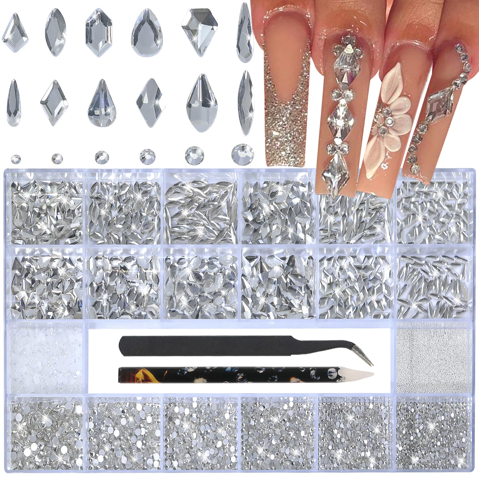 Strass bianchi per unghie, gemme 3D di varie forme, perline per manicure, perle, strass con retro piatto, con kit, per decorazione nail art