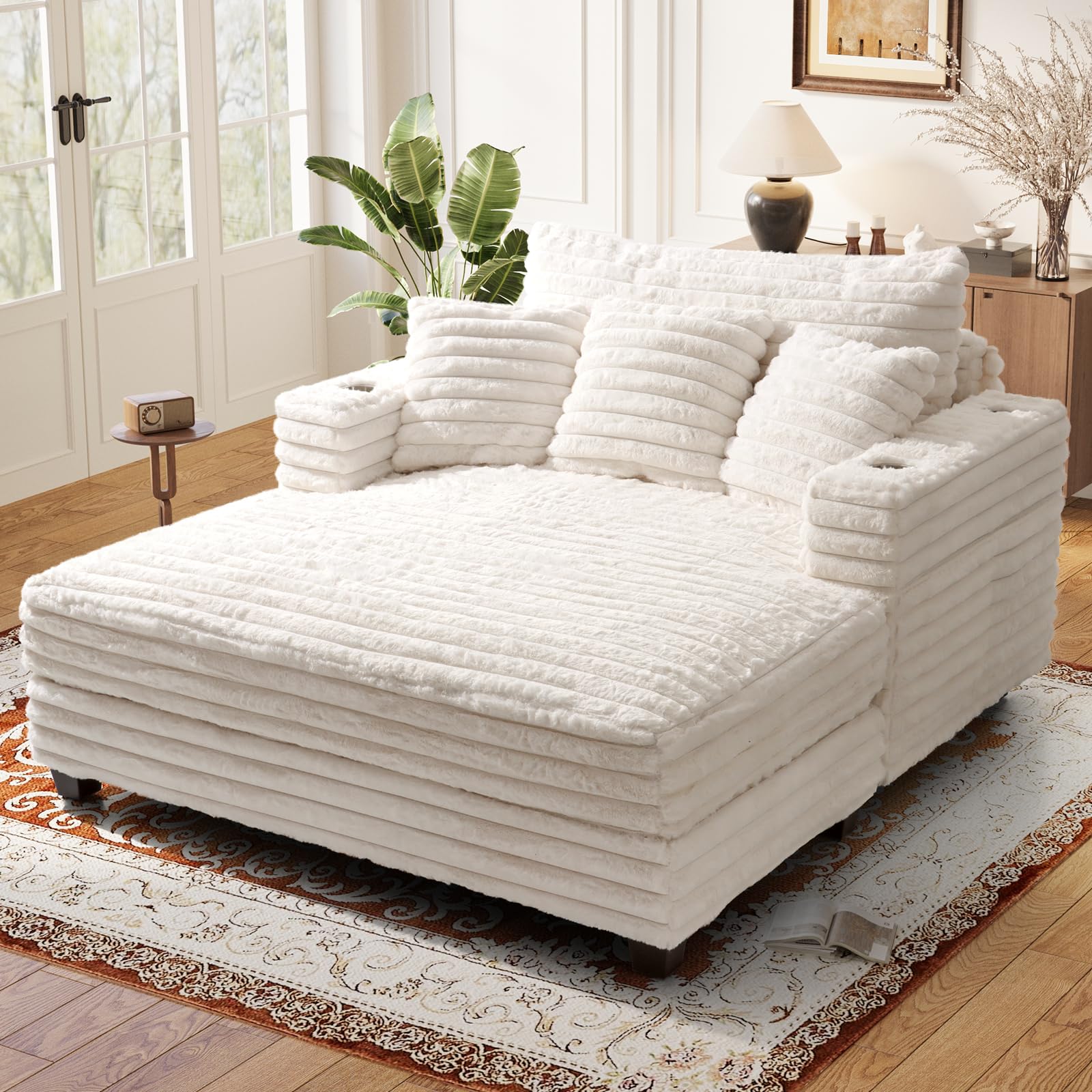 SENYUN 60" Chaise Lounge Indoor, Upgraded Oversized Upholstered Sofa Bed with Pillows & Armrests, Fluffy Plush Faux Fur Sleeper Couch Lazy Chair Bed,