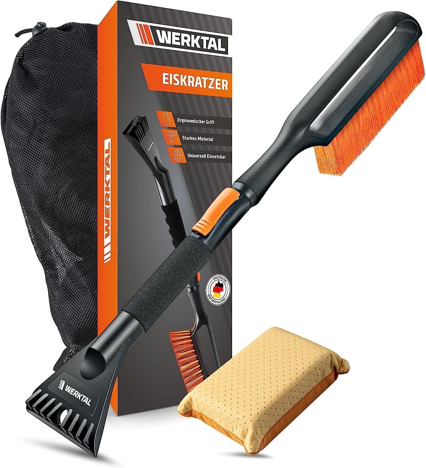 WERKTAL Eiskratzer Auto mit Besen (Teleskop) lackschonend – Scheibenkratzer mit Eisbrecher & Schneebesen für PKW LKW SUV, stabiles Winterzubehör inkl. Tasche – inklusive Scheibenschwamm