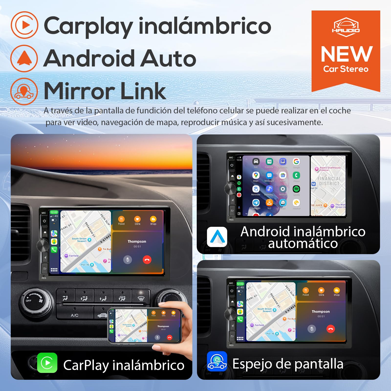 Haudio Radio Coche 2 DIN con Carplay y Android Auto Inalámbrico - Pantalla Táctil de 7 Pulgadas, Bluetooth, Mirror Link, Navegación GPS, Control por Voz, Cámara de Respaldo, FM/Am/AUX