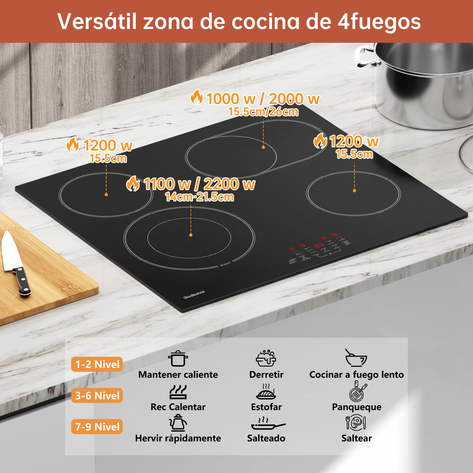 Placa vitrocerámica de 60 cm con 4 placas, 6,6 kW, zona de tostado, zona de cocción doble, 9 niveles de calor, temporizador, apagado automático, seguridad infantil, 4 placas de cocción