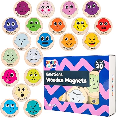 SPARK & WOW Imanes de madera  Emociones  Juego de 20  Imanes para niños a partir de 2 años  Bonitos imanes de emoción para refrigeradores, pizarras