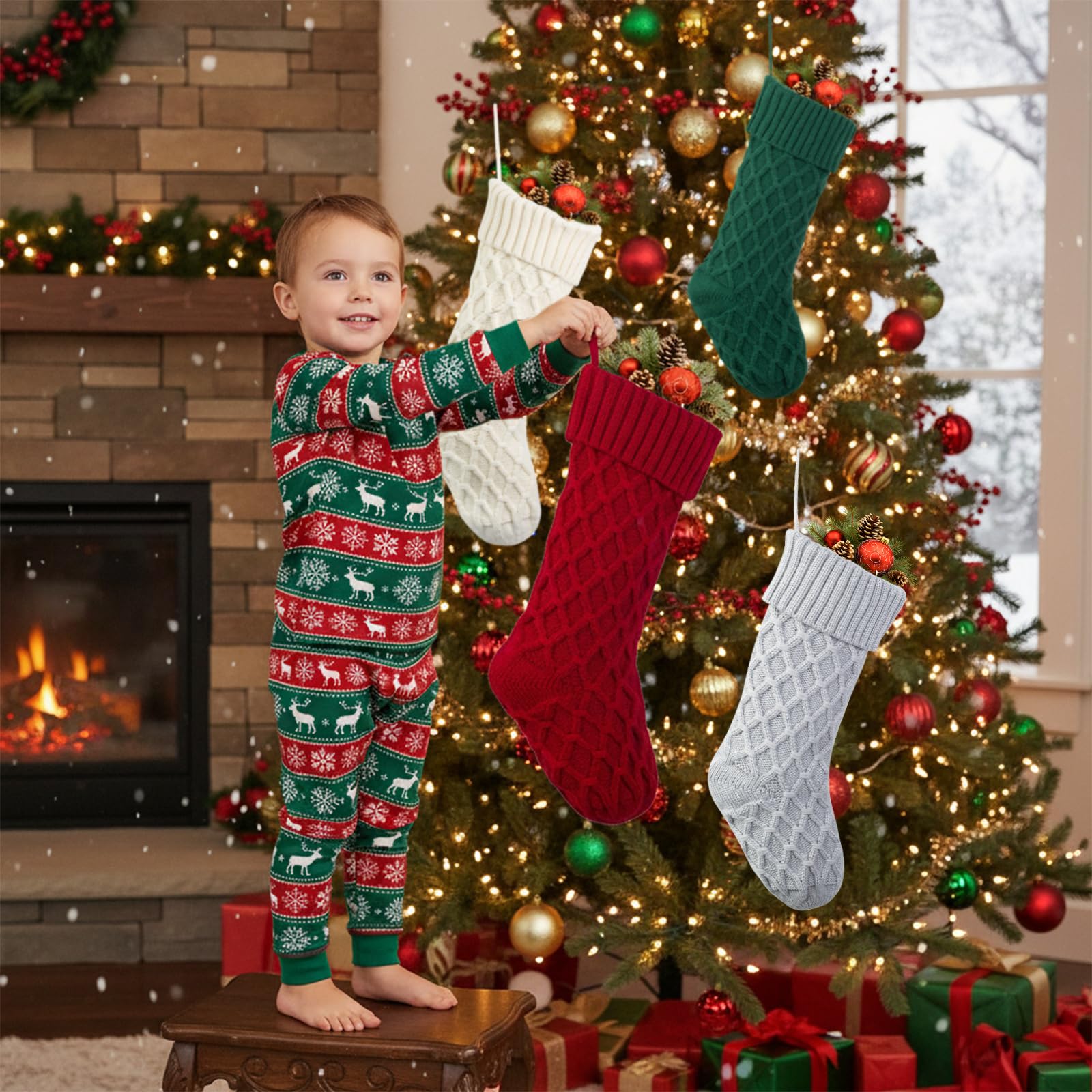 Mostop Weihnachtsstrümpfe, 45,7 cm, große Größe, Zopfmuster, Weihnachtsstrümpfe für Urlaub, Weihnachten, Party, Familiendekoration, 4 Stück