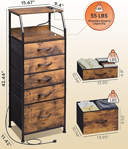 Miniatura 3 de WLIVE Mesita de noche LED con estación de carga, cómoda de tela con 5 cajones para dormitorio, mesita de noche alta con estantes abiertos, mesas