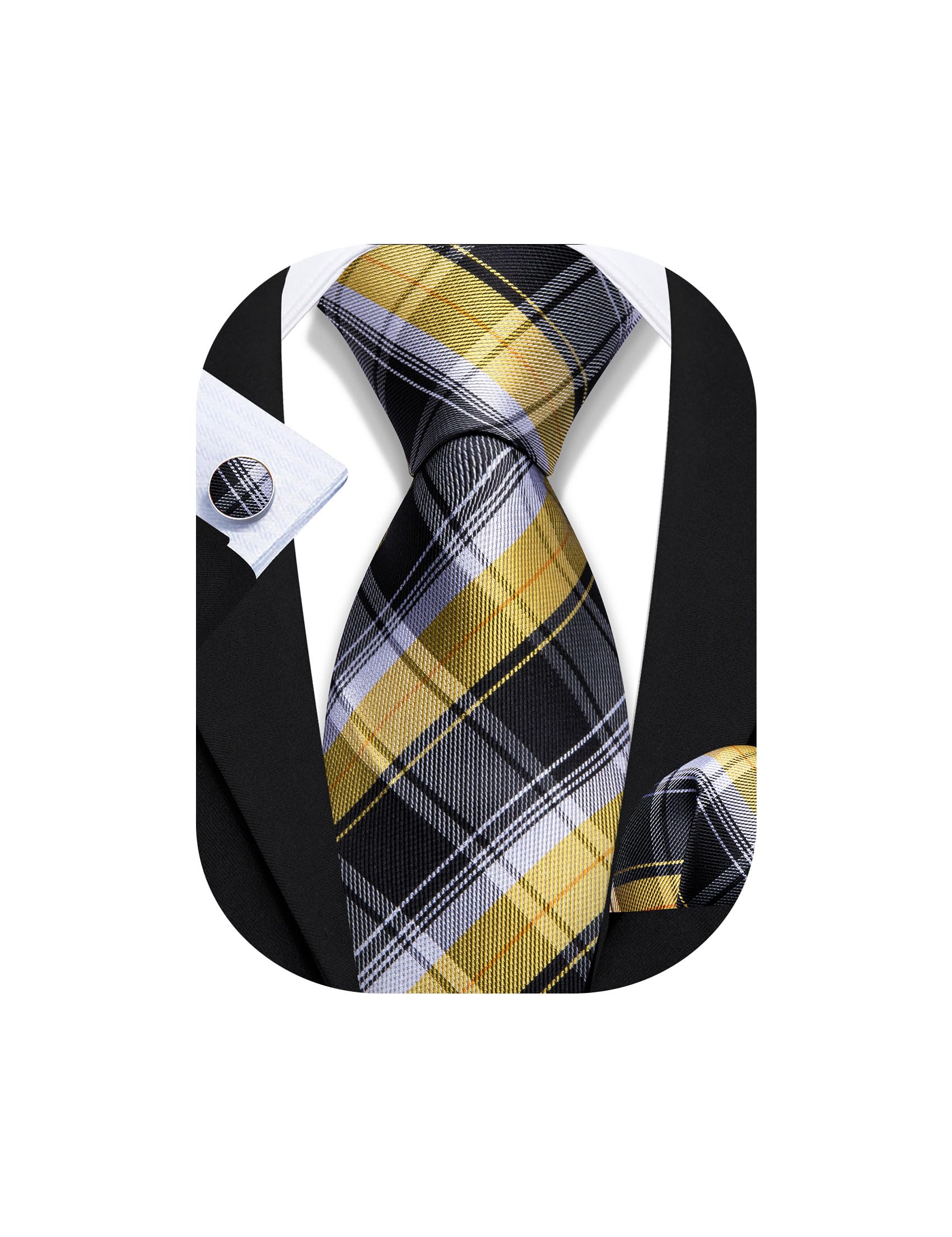 Barry.Wang Mens Tie Set Plaid Check Stripe Neckties Pocket Square Cufflinks | Woven Classic,Formal/Casual Men's Necktie,Luxury,Business,Wedding,Party,Prom,Graduation