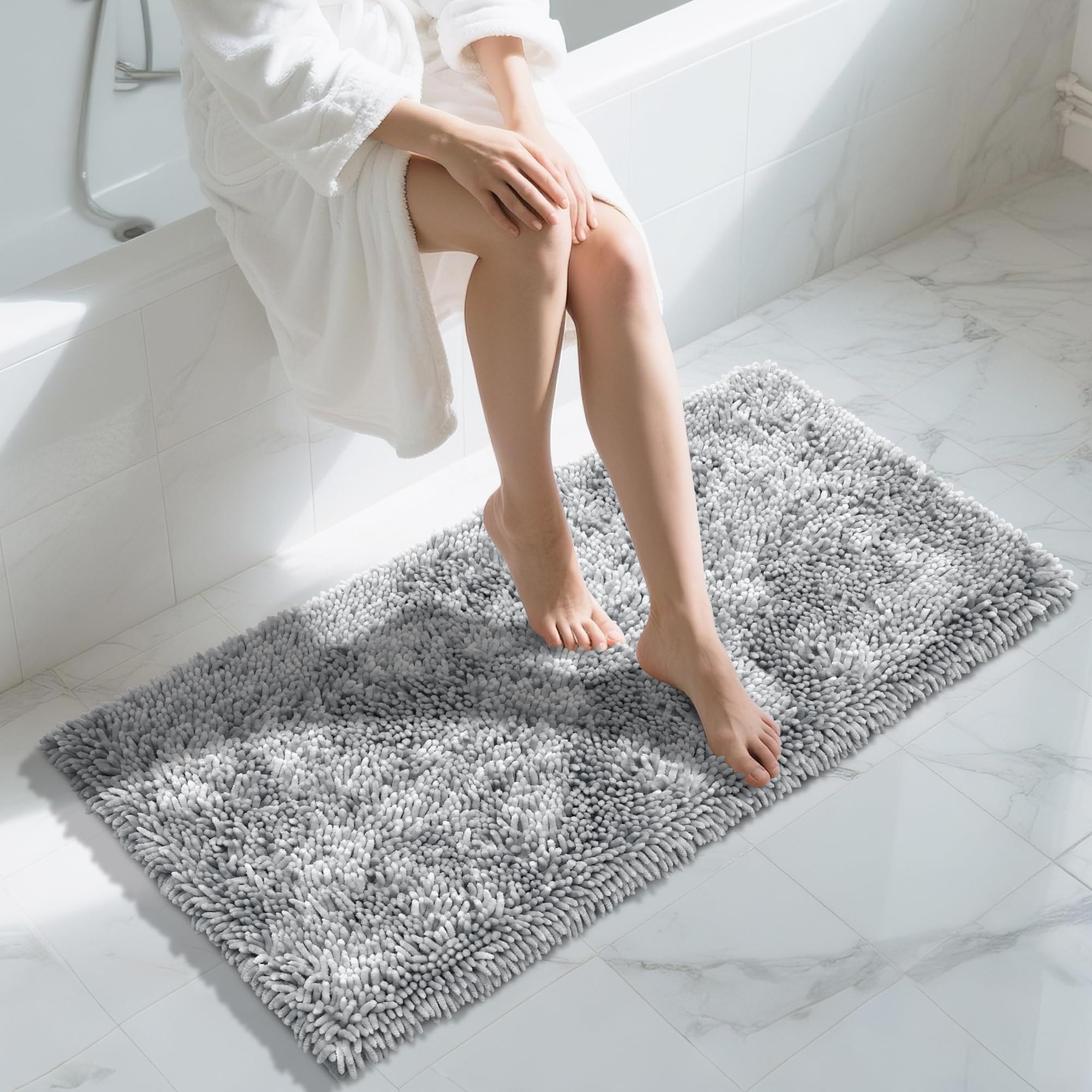 Long Bathroom Rug Non Slip 44x24 Inch, Extra Thick Soft Absorbent Chenille Bath Mat, Machine Washable Bath Rugs for Bathroom Floor, Tub and Shower, Home Decor Accessories, Light Grey