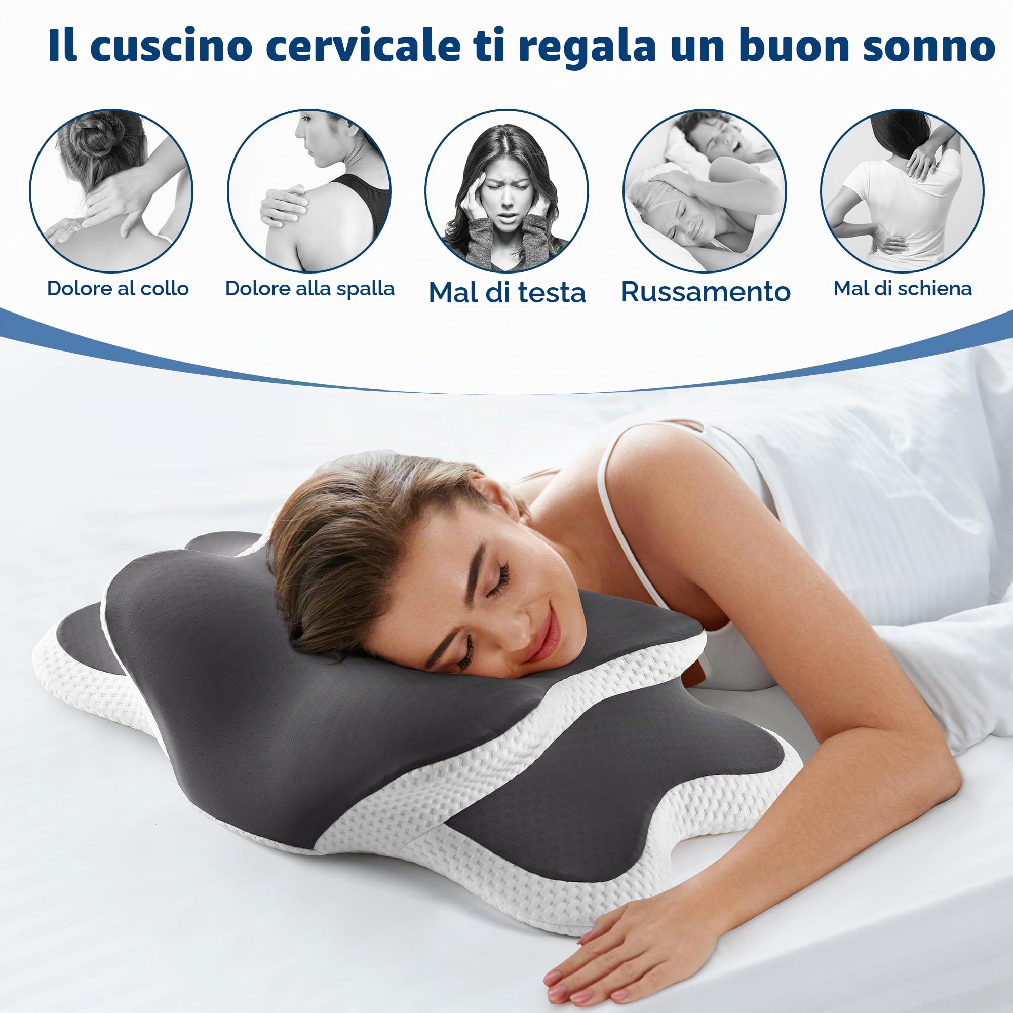 YunNasi Cuscino Cervicale Ortopedico Memory Foam per Dormire 65*40*14/10cm | Cuscino Ergonomico per Contorno, Cervicale Cuscino di Supporto per Collo, Federa Sfoderabile e Lavabile