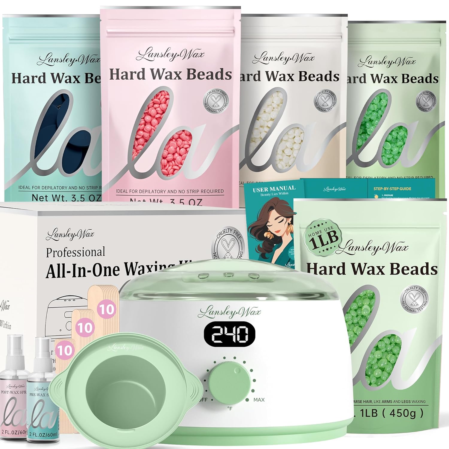 LansleyWax 1LB Aloe Vera Wax Beads + Green Waxing Kit