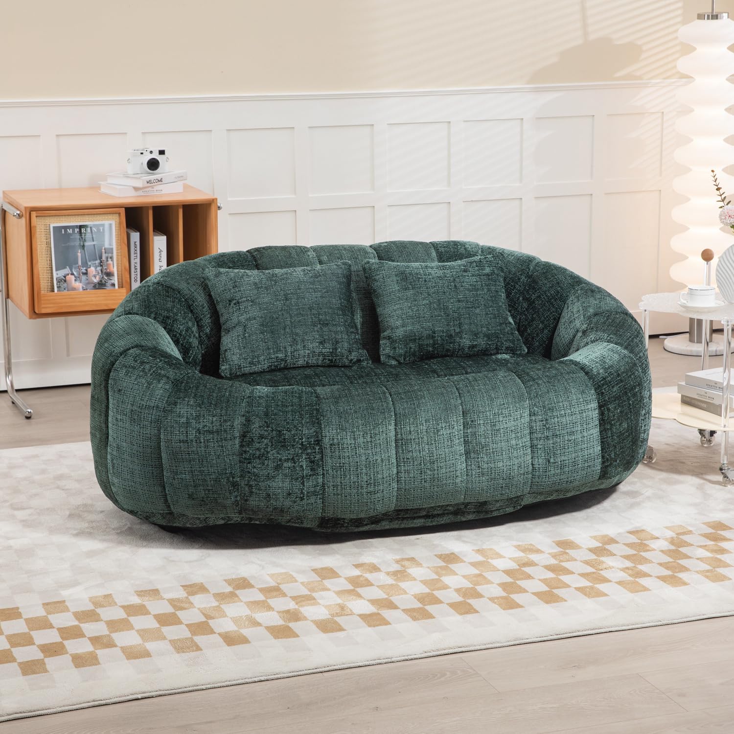 Giant Bean Bag Couch Chair with 2 Pillows, Oversized Memory Foam Bean Bag Sofa, High Back Chenille Floor Lounger for Adults, Living Room, Bedroom (Emerald)