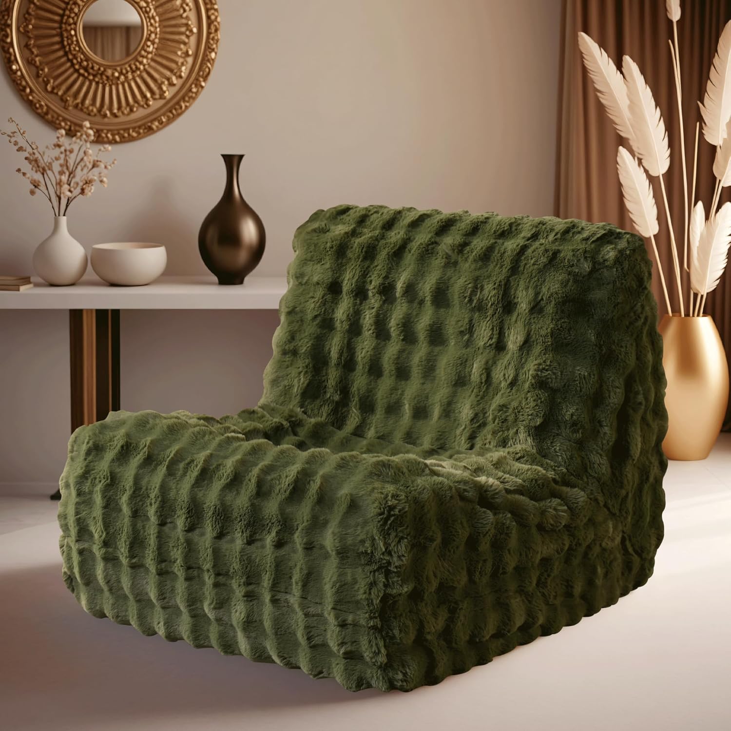 ovios Bean Bag Chair for Adult, Giant Beanbag with Plush Faux Fur, Comfy Large Big Lounger Floor Lazy Chair for Indoor Fireside Living Room Bedroom Dorm, Green