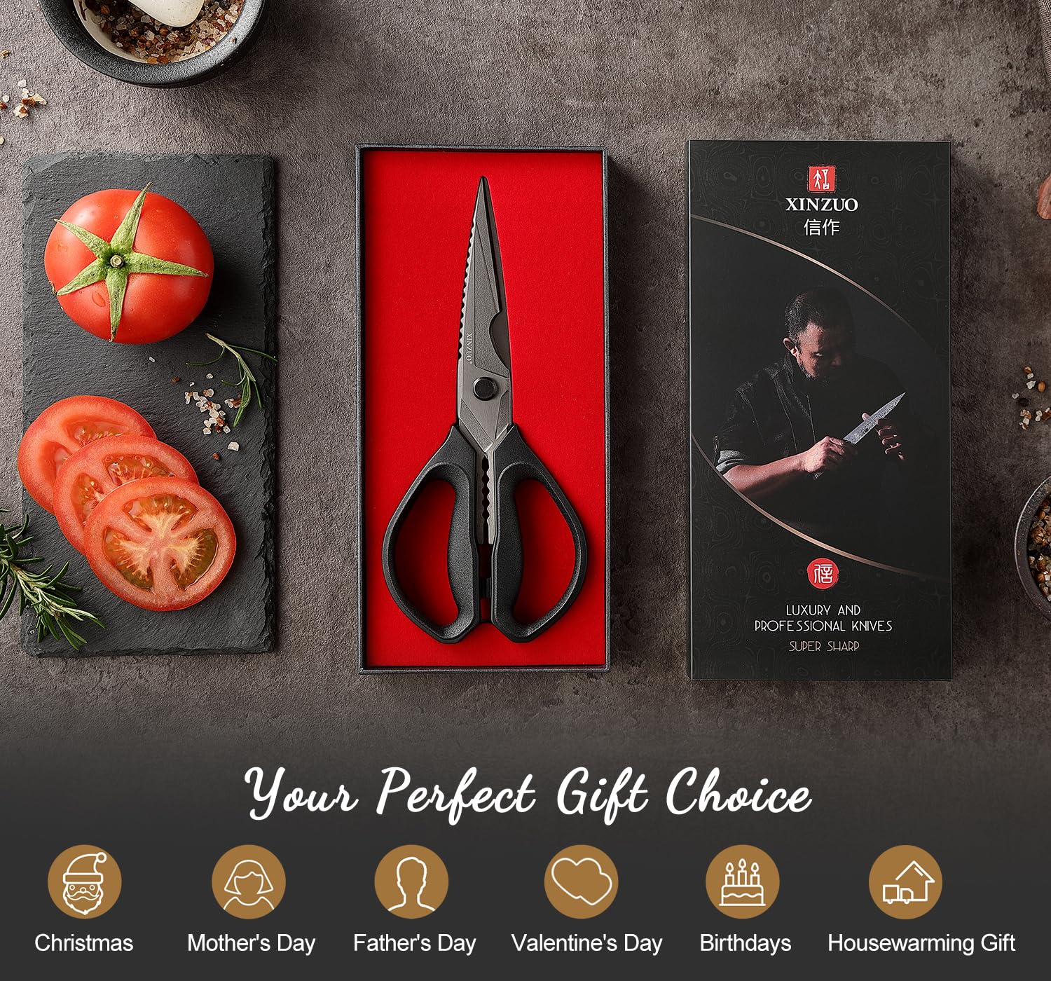 XINZUO Forbici da Cucina Professionali Acciaio Inox Rivestite in Titanio Nero Manico Antiscivolo