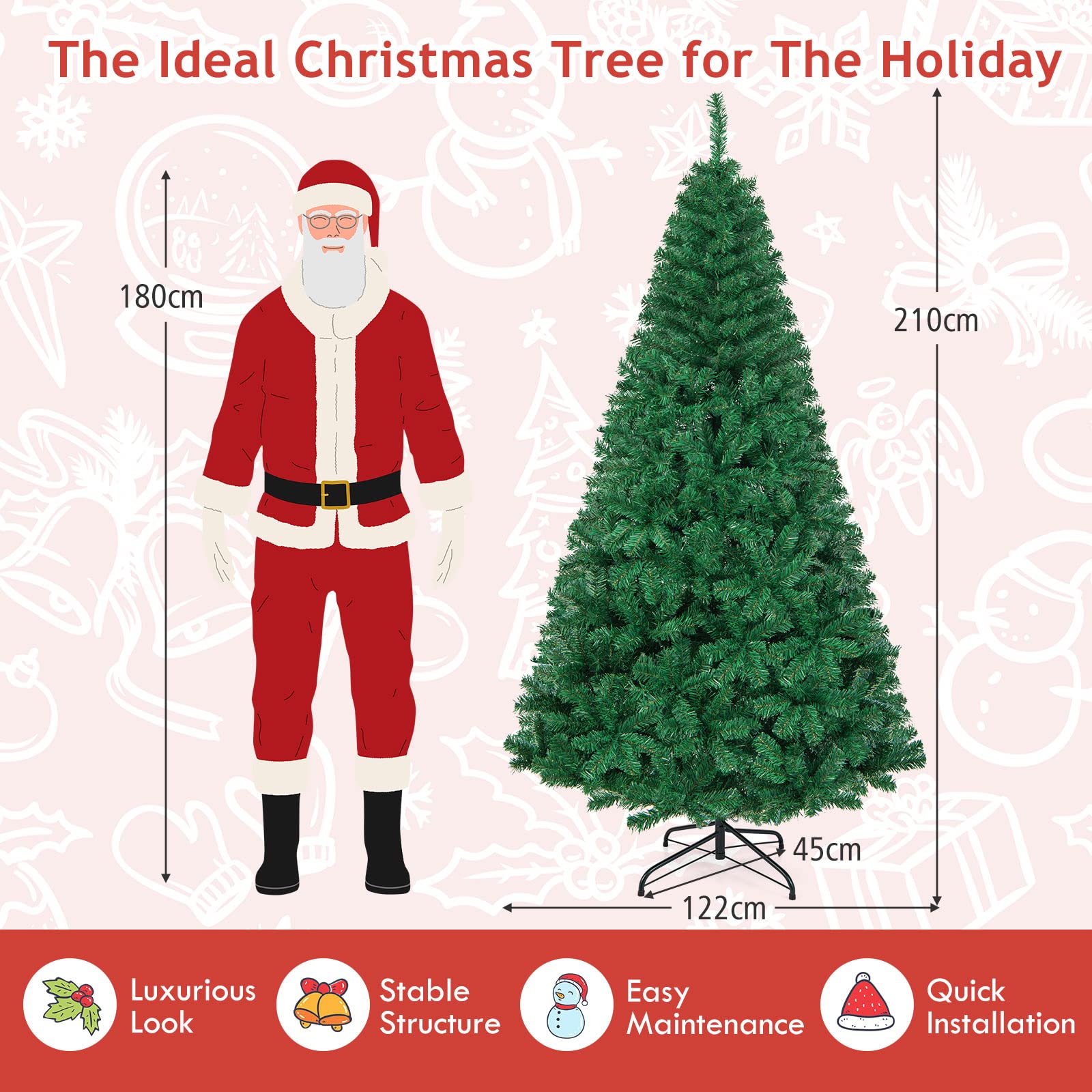 GIANTEX Albero di Natale Verde 150/180/210/240 cm Folto Sintetico, Albero di Natale per Feste, Case, Uffici, Negozi, Bar, Supporto in Ferro, Rami Spessi (210 cm)