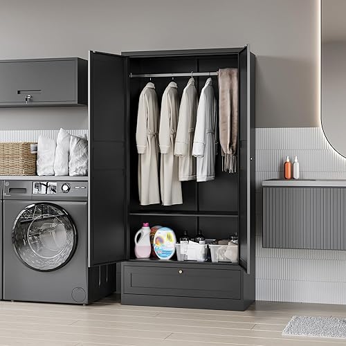 Miniatura 16 de MIIIKO Armario de almacenamiento de ropa de metal, armarios de acero con estantes y barra para colgar, armario de almacenamiento grande de 72 Blanco