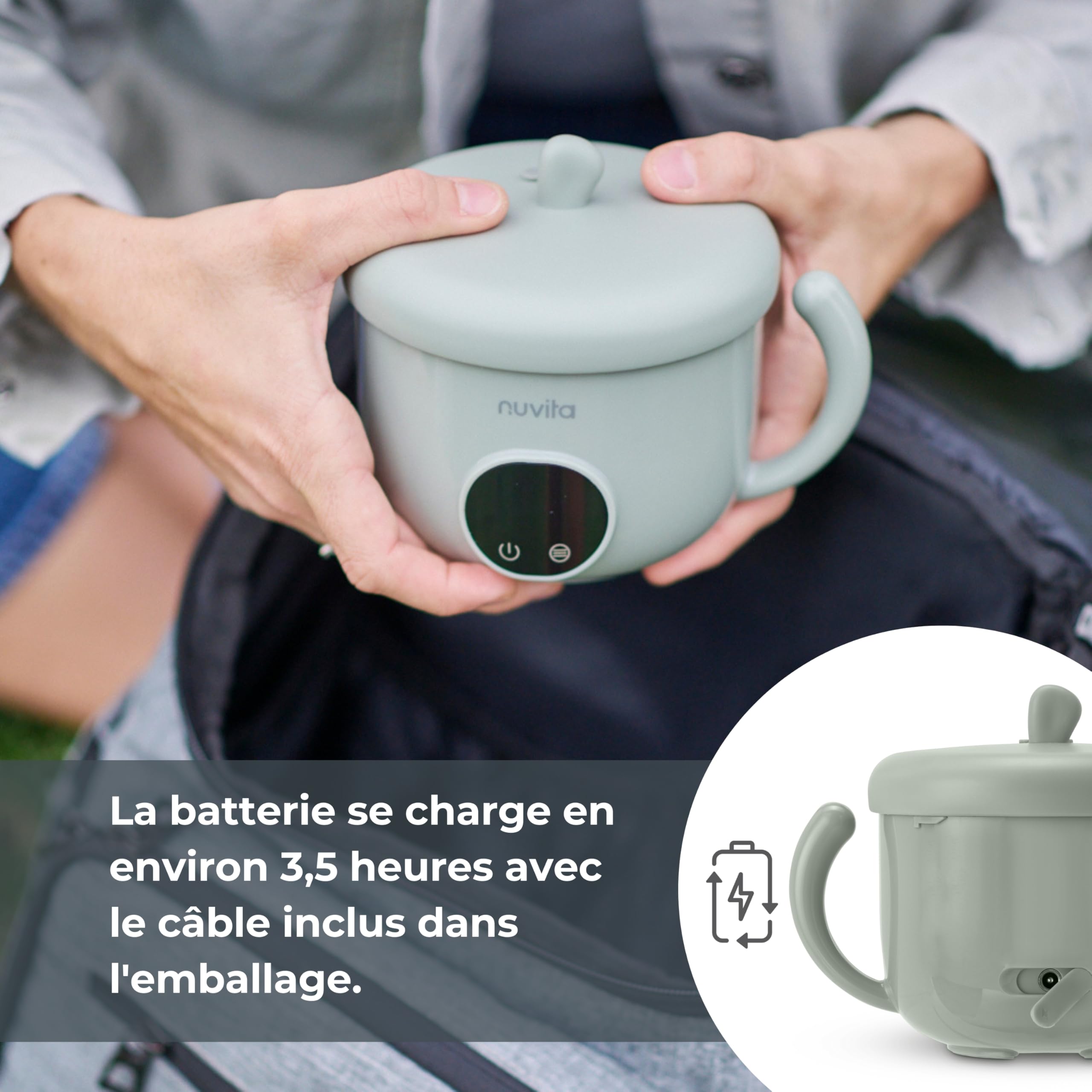 Nuvita 1980 Pappa'n'Go Chauffe-nourriture Portable pour Bébé – Rechargeable, Étanche, avec Contrôle Intelligent de la Température, Intérieur en Acier Inoxydable, et Base Antidérapante
