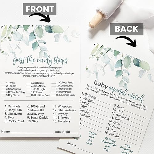 Miniatura 5 de Paper Clever Party Greenery Baby Shower - Juego de barras de caramelo y juego de animales, 25 cada uno, tarjetas de doble cara de 5 x 7 pulgadas,