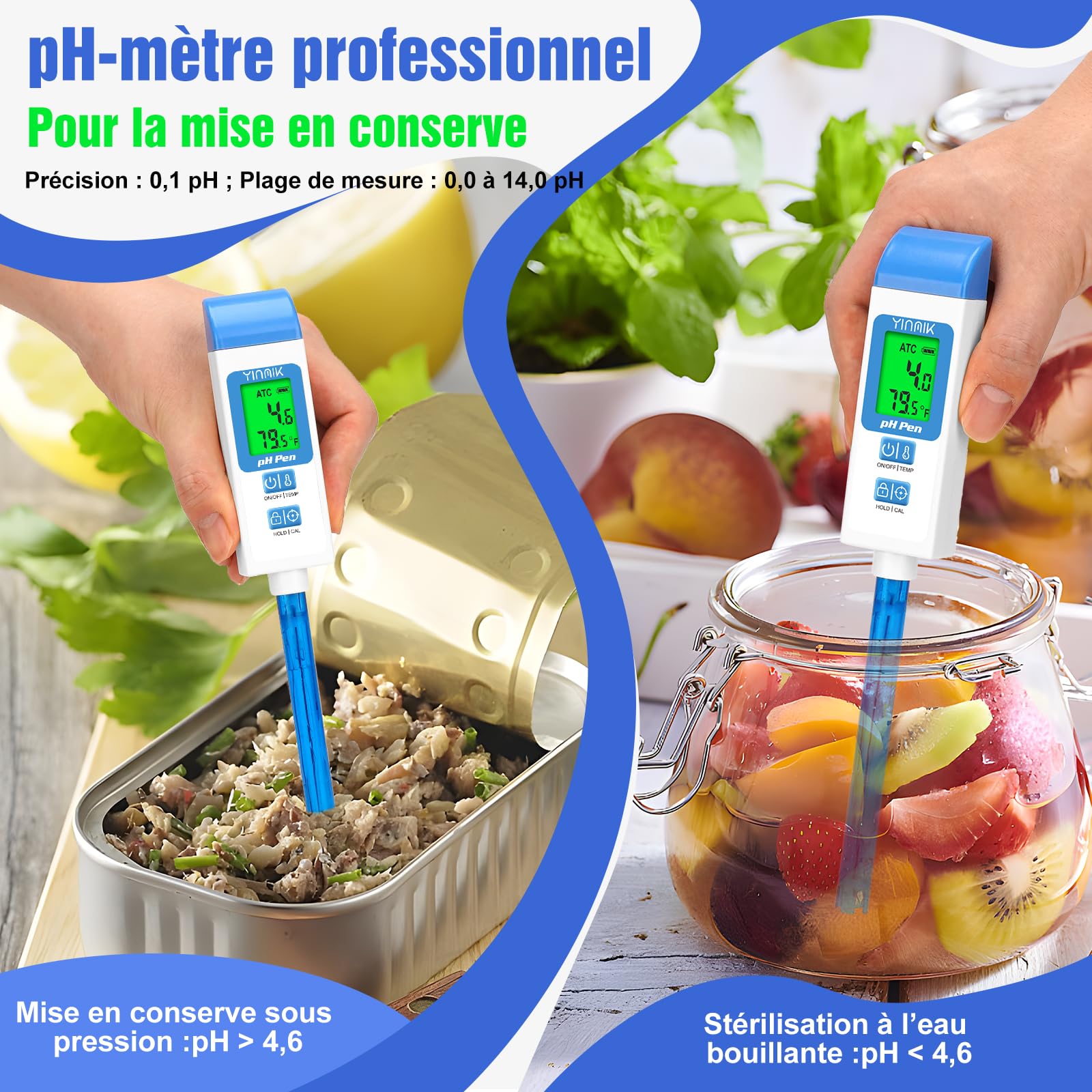 YINMIK Testeur de pH pour la Qualité de l'eau, Testeur de pH Numérique | pH-mètre Kit de Test Professionnel de pH et de Température, Convient Aux Aliments en Conserve et à Diverses Solutions