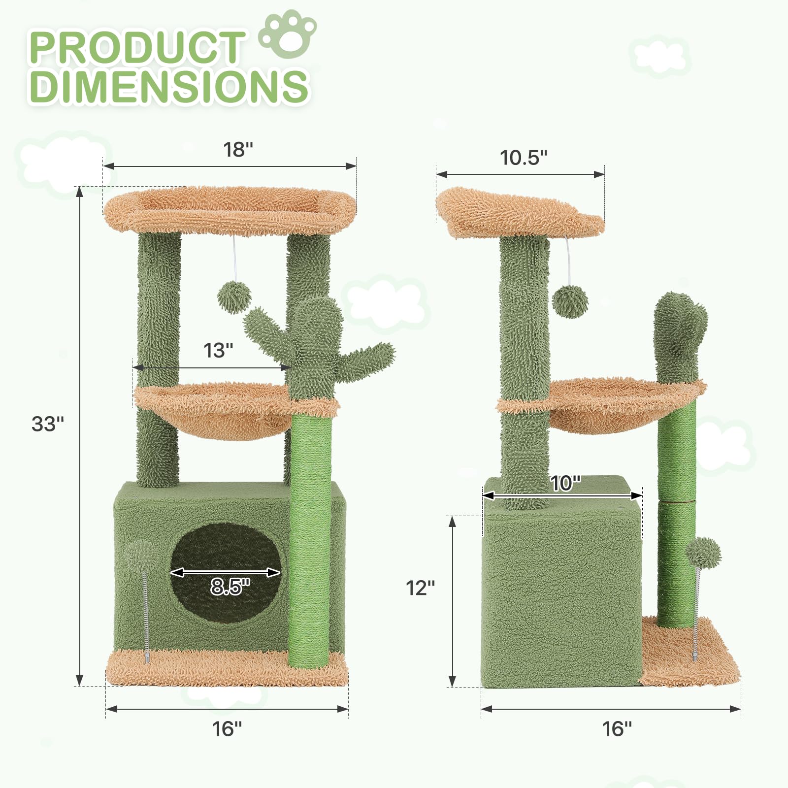 MoNiBloom Cat Tree Cactus, 33.5 Inches Cat Tower with Sisal-Covered Scratching Posts, Cozy Condo, Perches and Fluffy Balls for Indoor Cats, Green