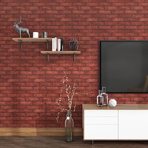 Miniatura 5 de Skyblur Papel tapiz de ladrillo sintético, rollo de papel adhesivo de ladrillo marrón, 15.7 x 118 pulgadas, papel tapiz adhesivo de ladrillo
