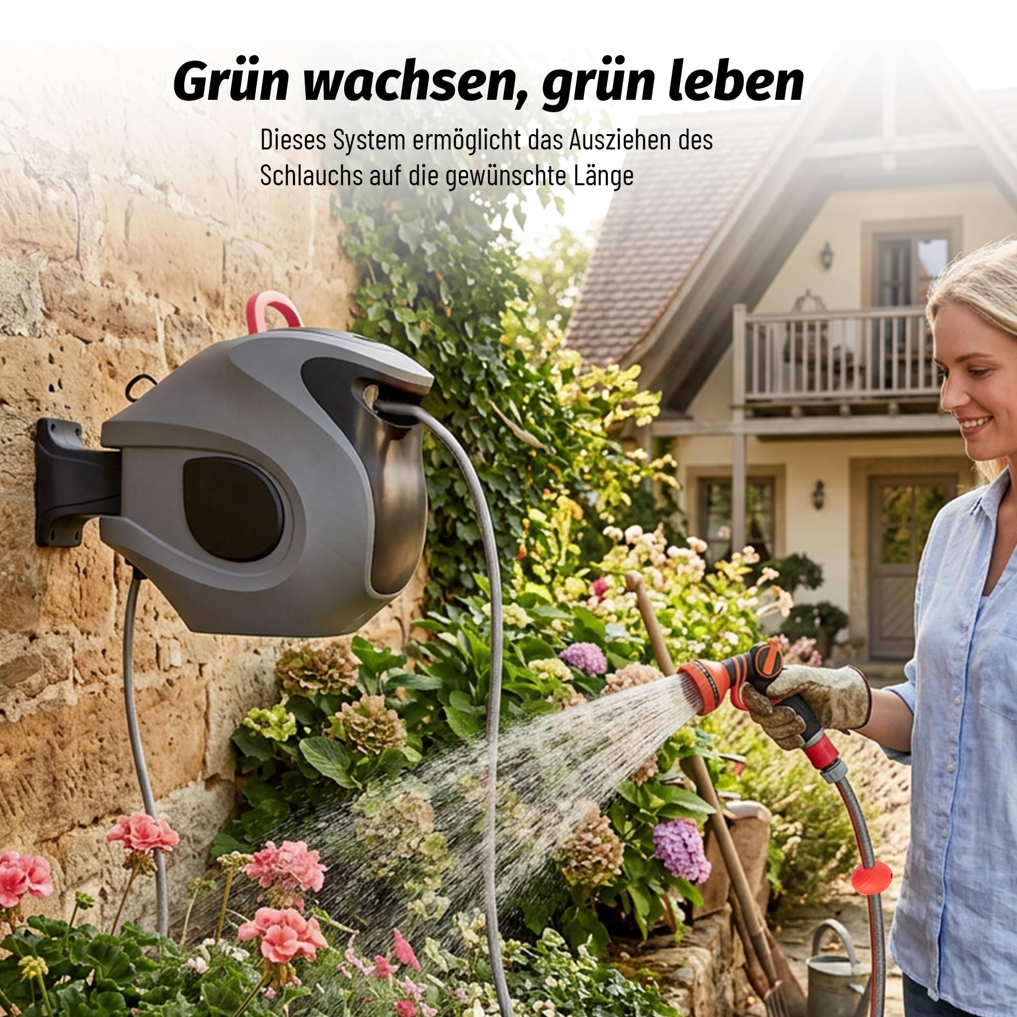 Schlauchbox RollUp 30 m – 180° Schwenkbare Schlauchtrommel, Flexible Bewässerung für Große Gärten, inkl. Wandhalterung, 30 m Gartenschlauch und Ergonomischer Spritze (Graulbau)