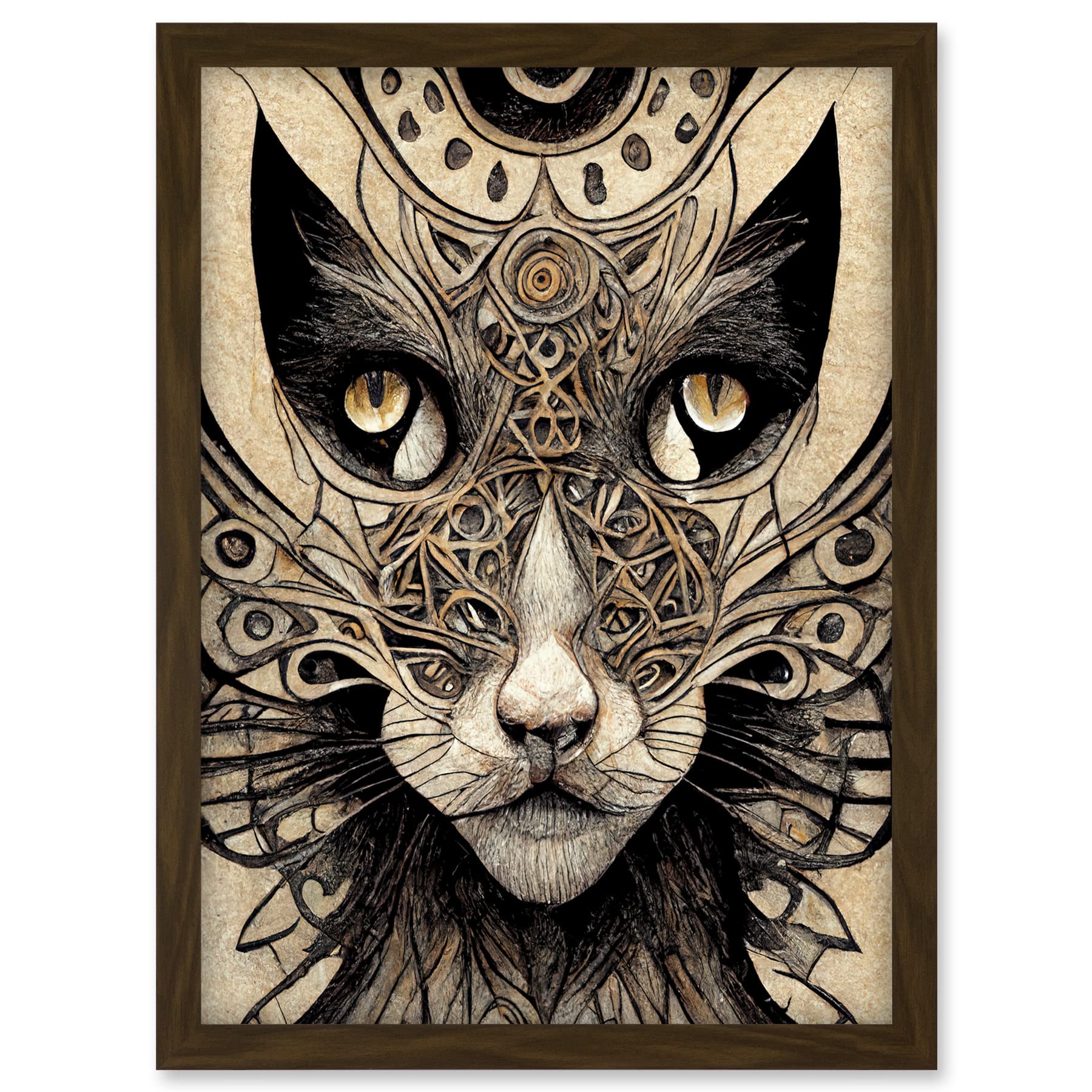 Abstract Cat Face Close Up With Tribal Patterns Textured Mask Artwork Framed A3 Wall Art Print