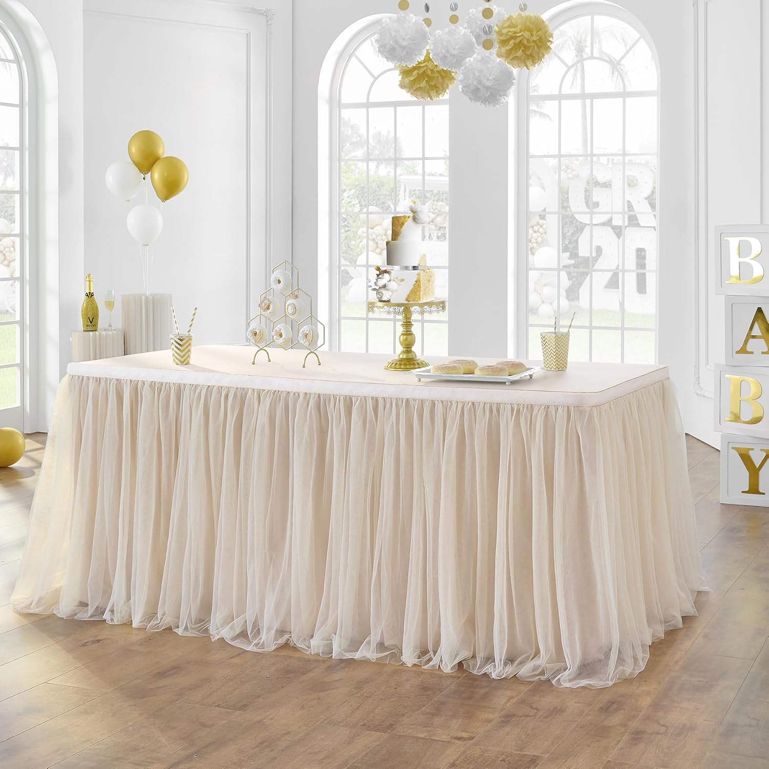 156in Champagne Gold Tulle Table Skirts for Rectangle Tables 8ft 6ft 4ft, 2-Layer Beige Ruffle Tulle Tutu Cloth Table Skirt 13ft for Wedding Party Birthday Baby Shower Cake Dessert(No Table Cover)