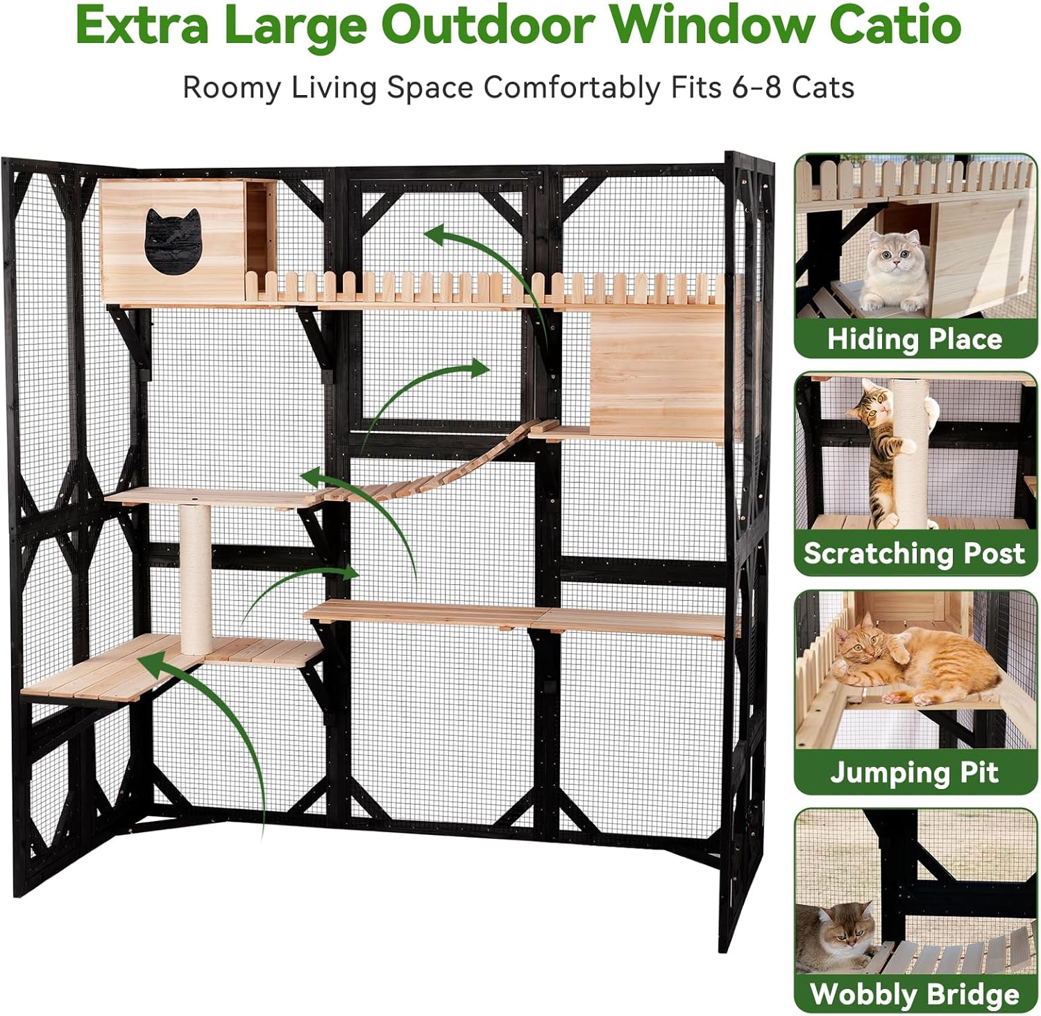 Catio Outdoor Cat Enclosure Wooden Cat House for Mulitiple Cats Walk-in Cage Window Acess with Heavy Duty Weather-Proof Asphalt Roof