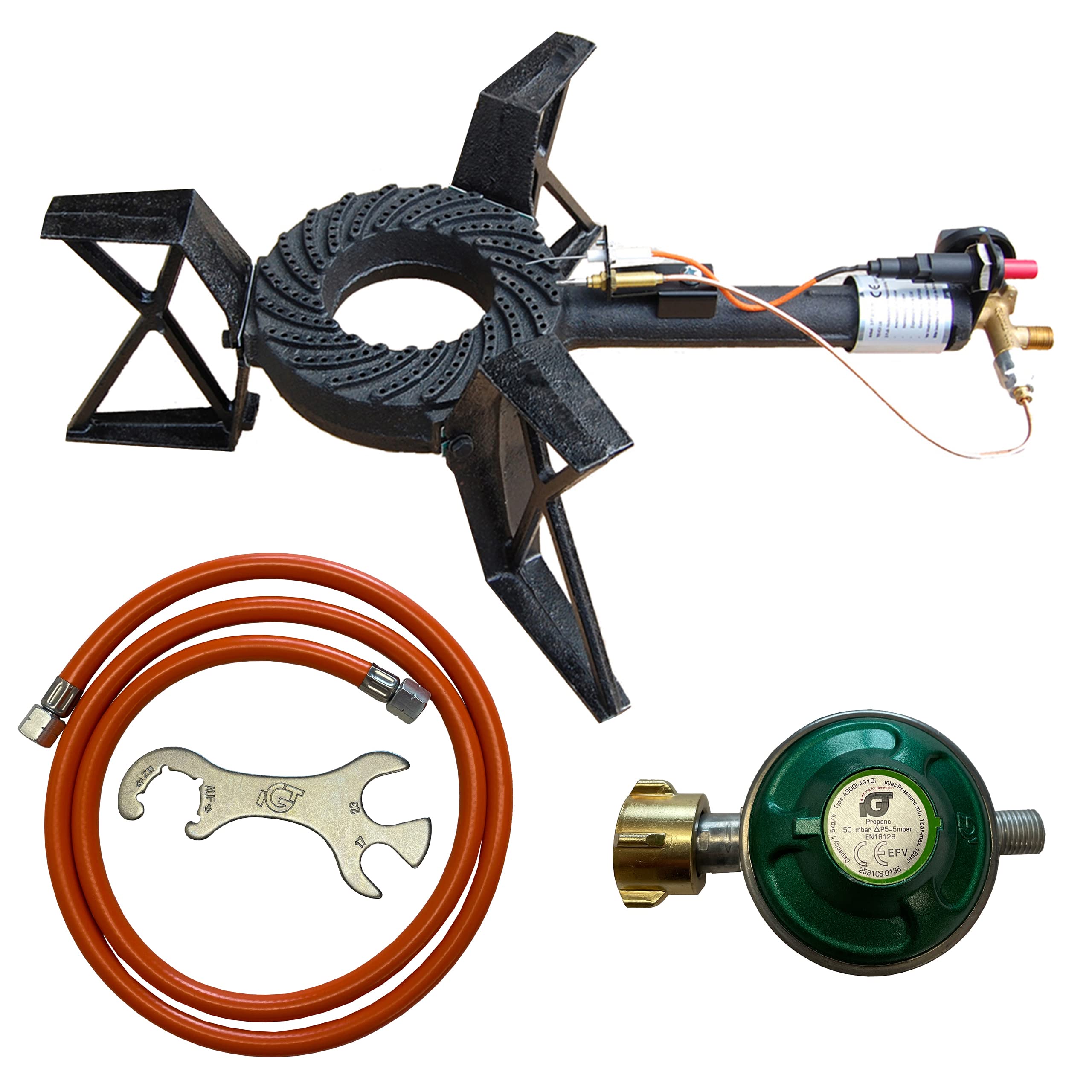 3-Fuß Hockerkocher Gaskocher 10,5 kW - Campingkocher mit Piezozündung, Zündsicherung, 2 m Schlauch, 50 mbar Druckregler & Gasflaschenschlüssel