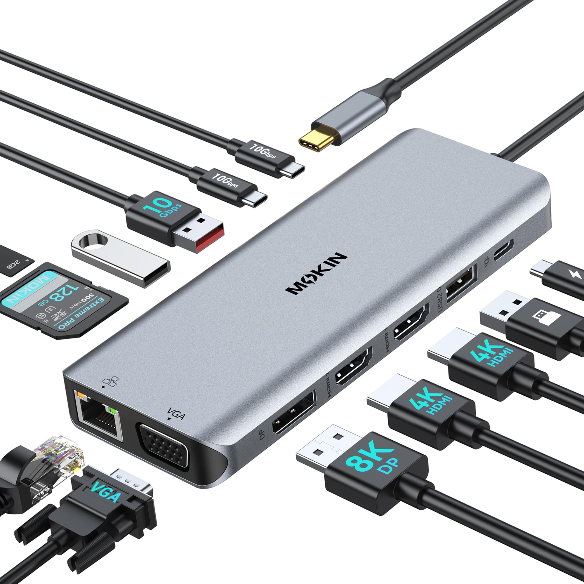 USB C Docking Station 4 Monitors, Triple Display Dock, 13 in 1 Laptop Docking Station mit 2 HDMI 4K @ 60Hz, DisplayPort VGA, Ethernet, 5 x 10Gbps USB A/C, 100W PD, SD/TF for Dell/HP/Lenovo/Laptop