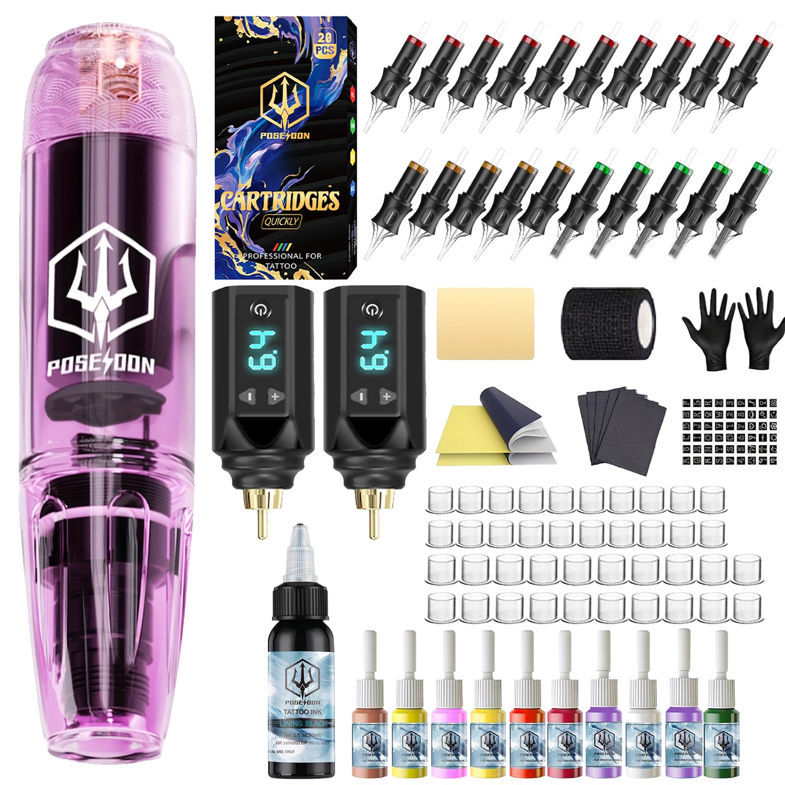 POSEIDON Kabelloses Tattoo-Pen-Set mit 2 langlebigen Akkus & komplettem Starter-Zubehör | Professionelle kabellose Tattoo-Maschine für Anfänger | Inklusive 20 Nadeln, Farben, Übungshaut
