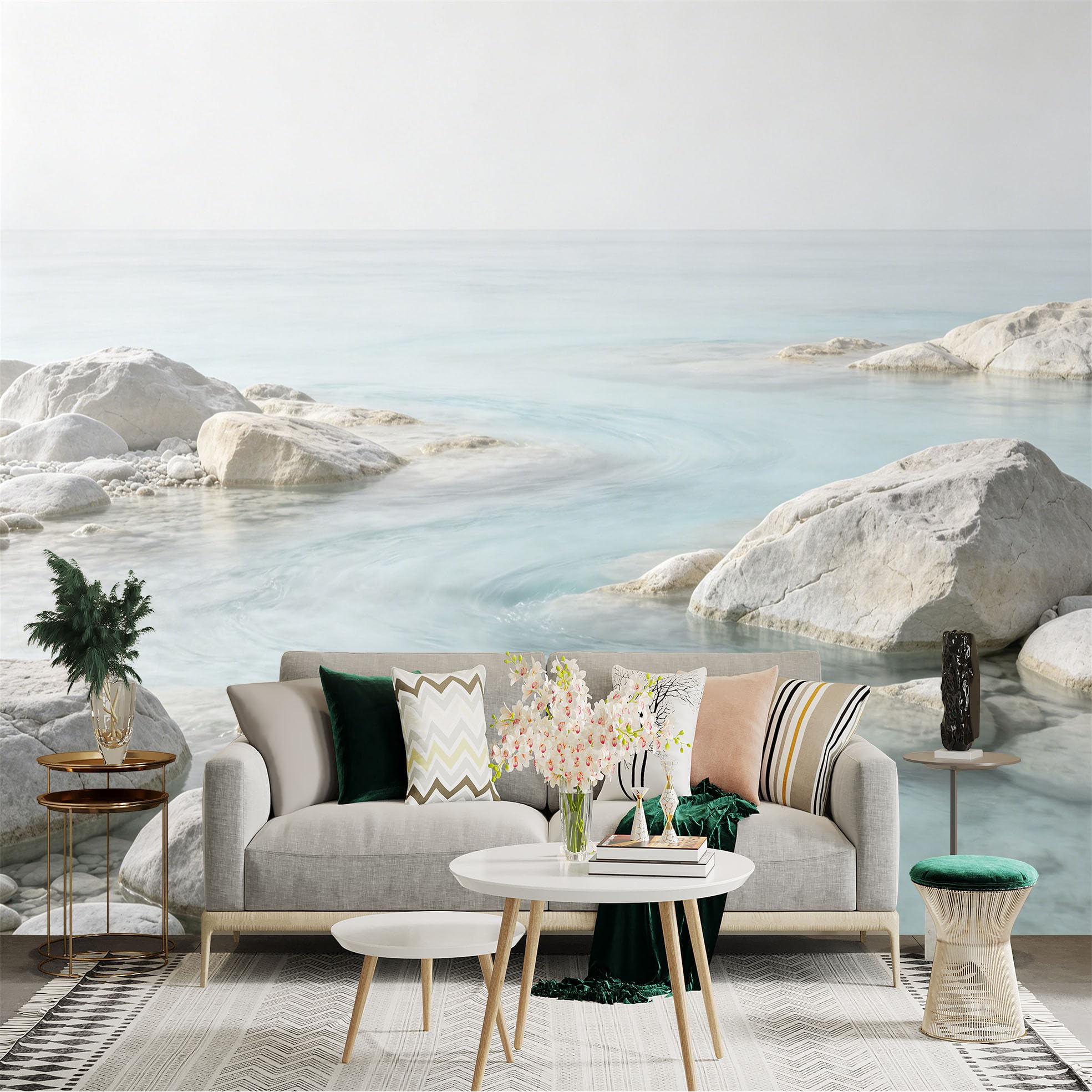 Lnzczhyre Dbh260521005 Custom Size Wall Sticker Mural， Minimalist Coastal Seascape， Calm Light Blue Ocean， Smooth White River Stones， Serene Water Surface， For Wall Decoration， Peelandstick Wall Decals.