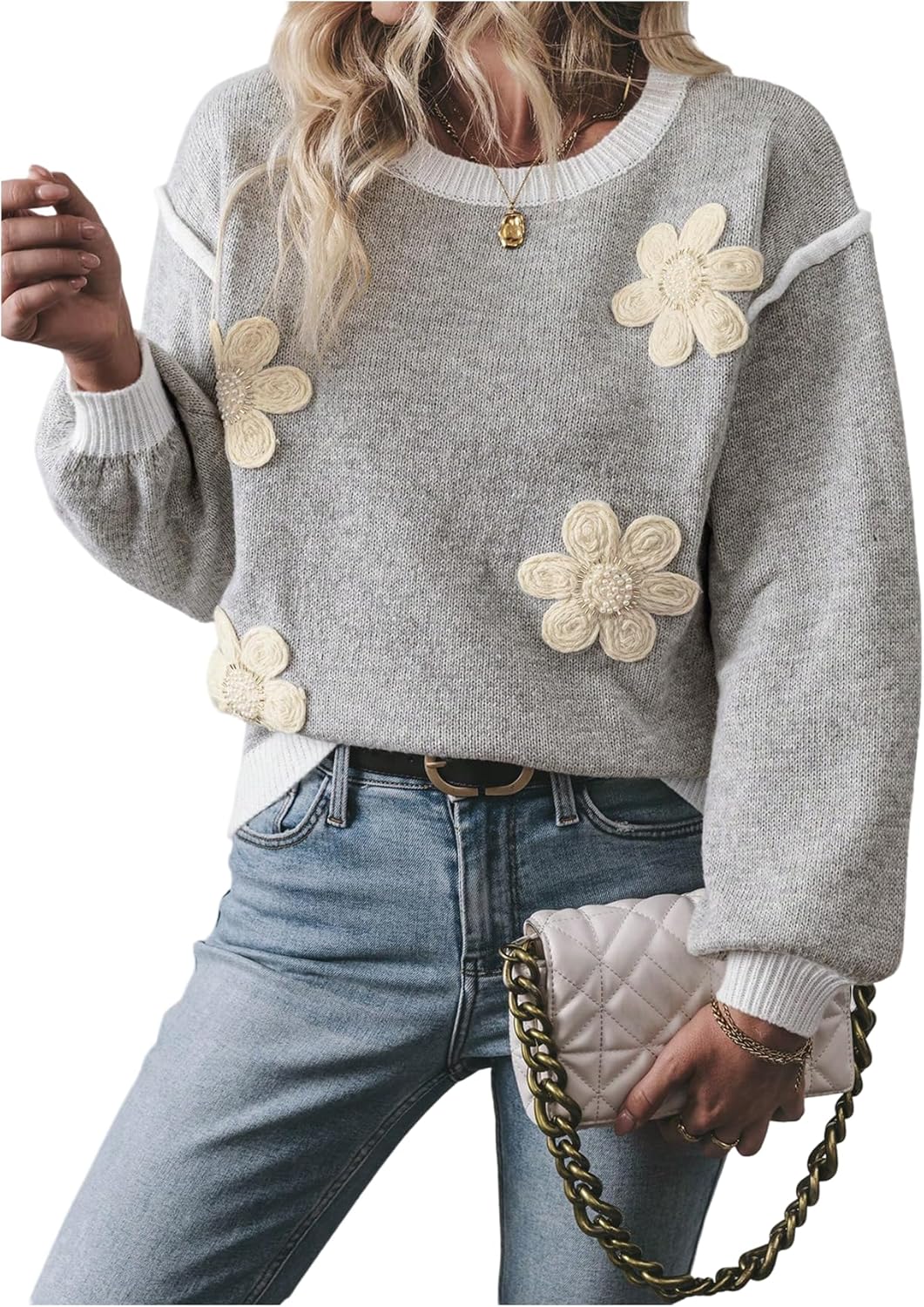 Floerns Women's 3D Floral Long Sleeve Knitted Pullover Top Loose Fit Crew Neck Sweater