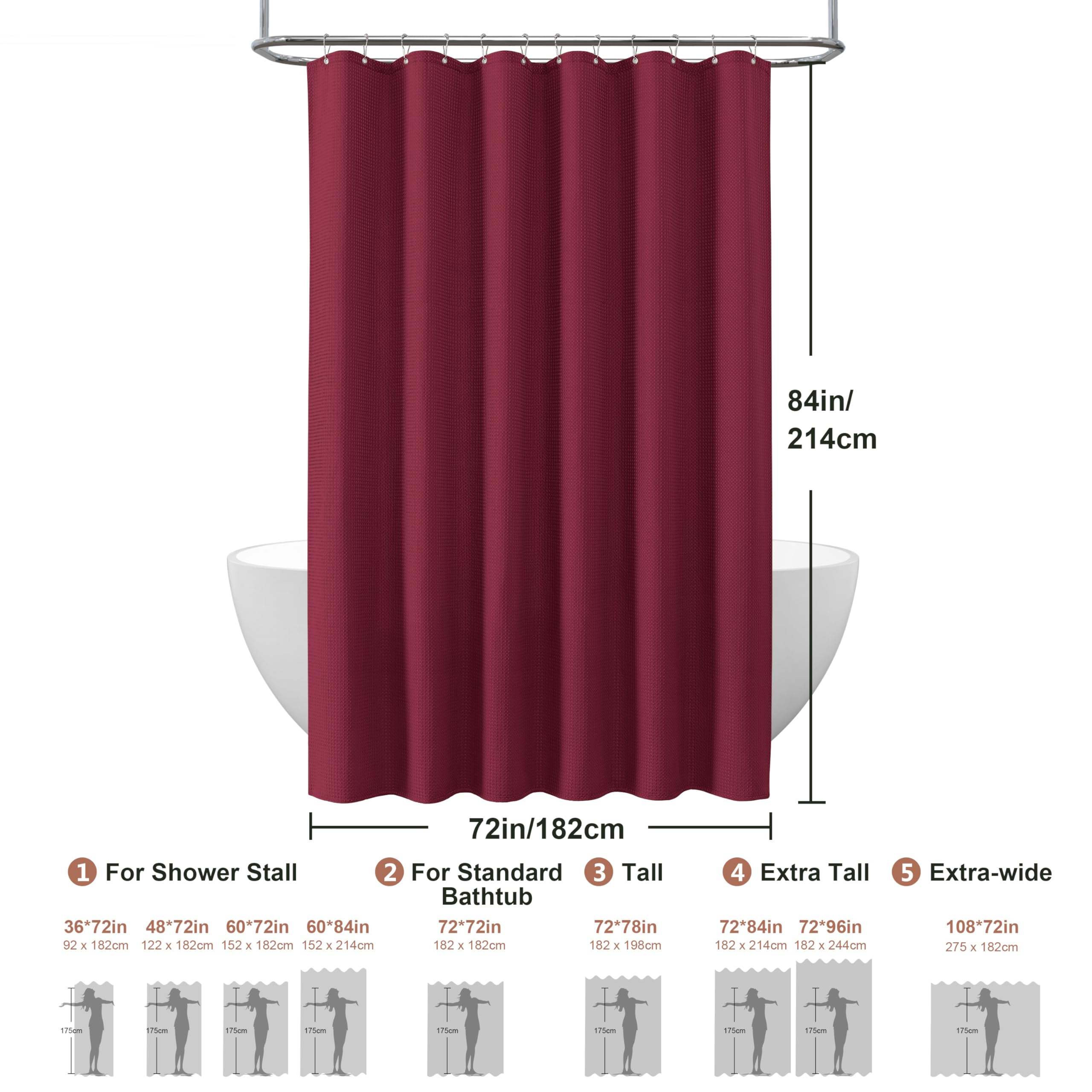 Douchegordijn Wafelstof Waterdicht met Metalen Douchegordijnringen - Anti-schimmel Stoffen Textiel Badkamer Gordijn Zwaar Badgordijn voor Badkamer Douchecabine - 182 x 214 cm (Khaki