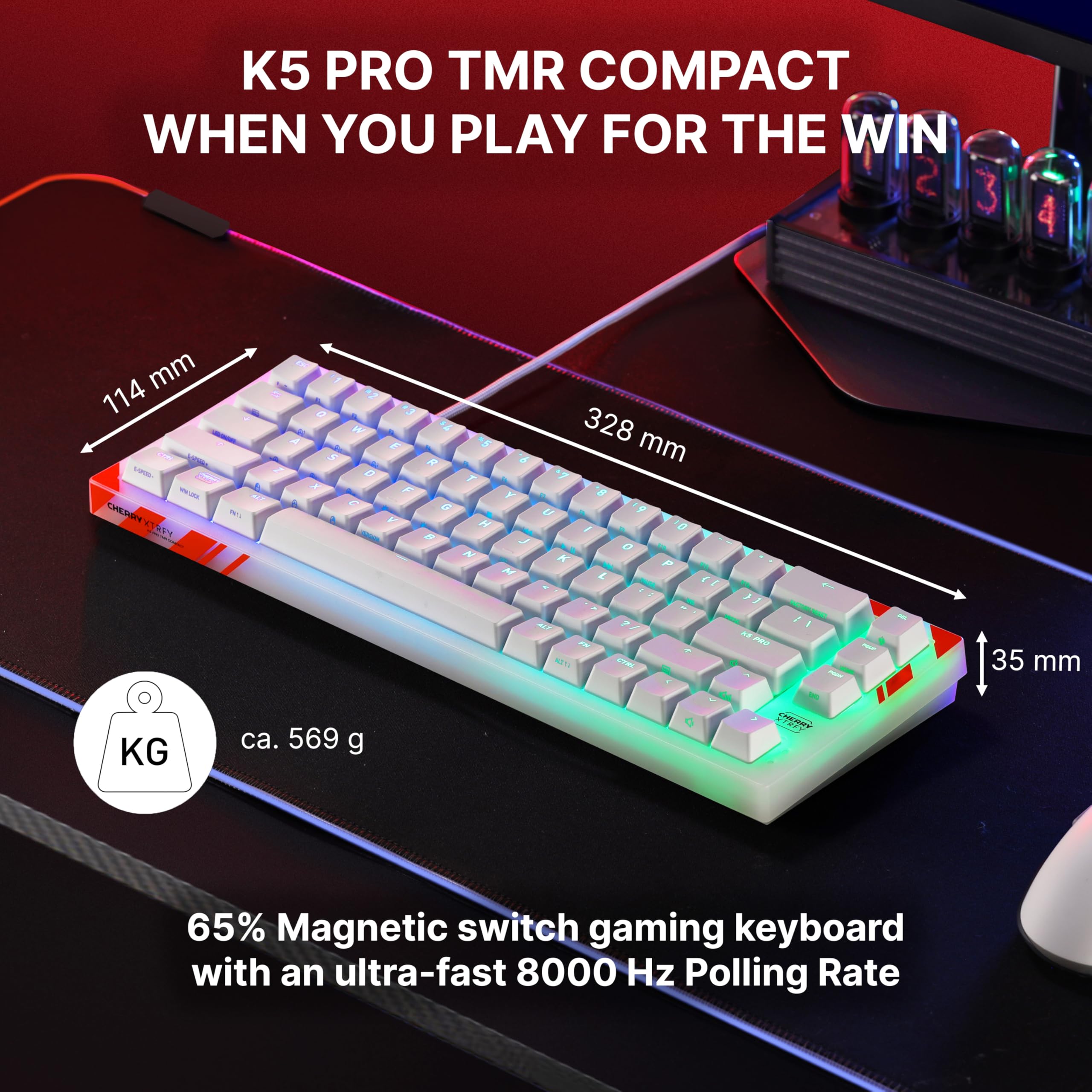 K5 Pro TMR Compact - Magnetyczna Klawiatura Przewodowa Dla Graczy, Konfigurowalne Przełączniki MK CRYSTAL, Hot-Swap, Rapid Trigger, SnapKey, 8000 Hz, Układ US (QWERTY), Biały