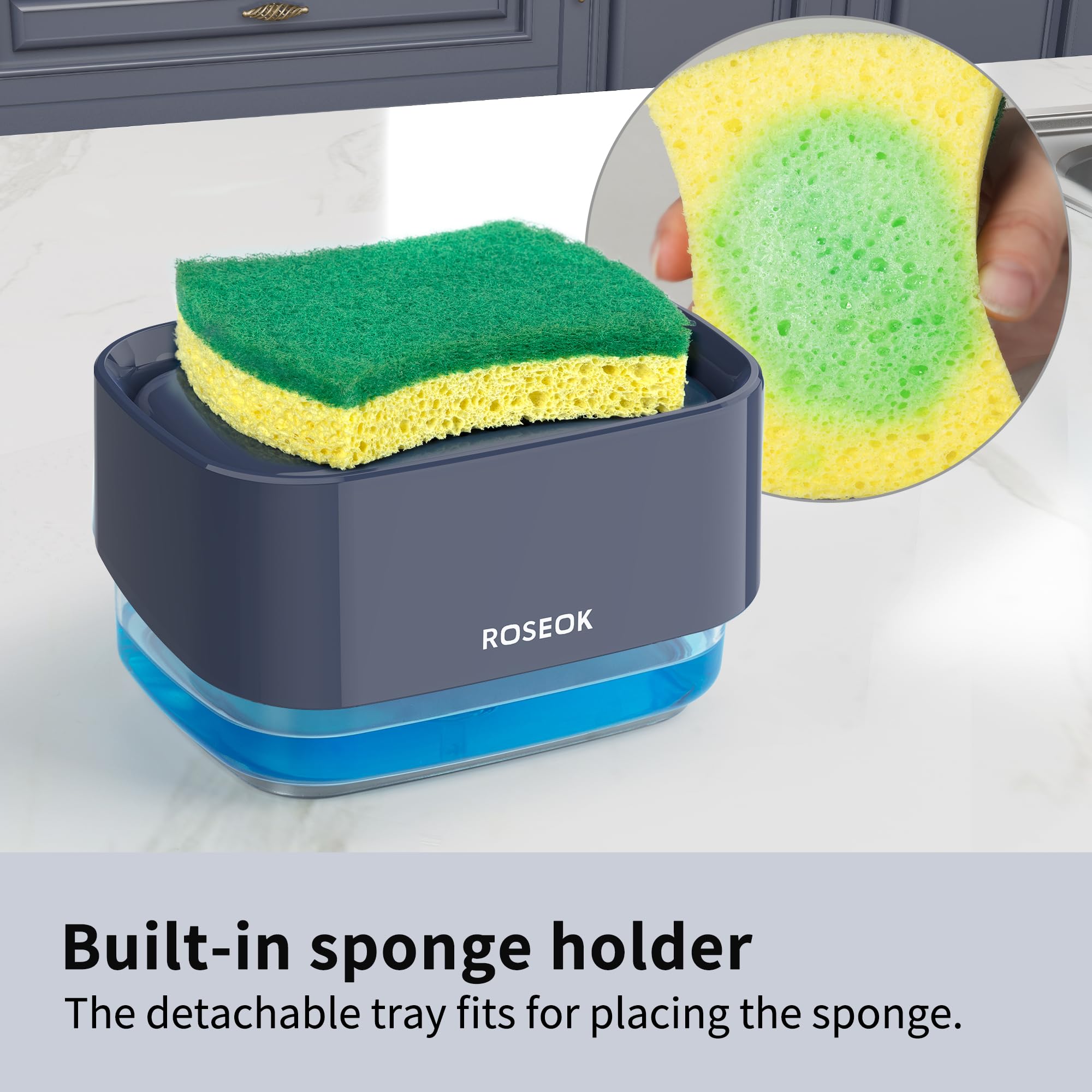 ROSEOK Dispensador de jabón desmontable con una sola mano con soporte de esponja para limpiar platos, ollas, fregaderos, 500 ml