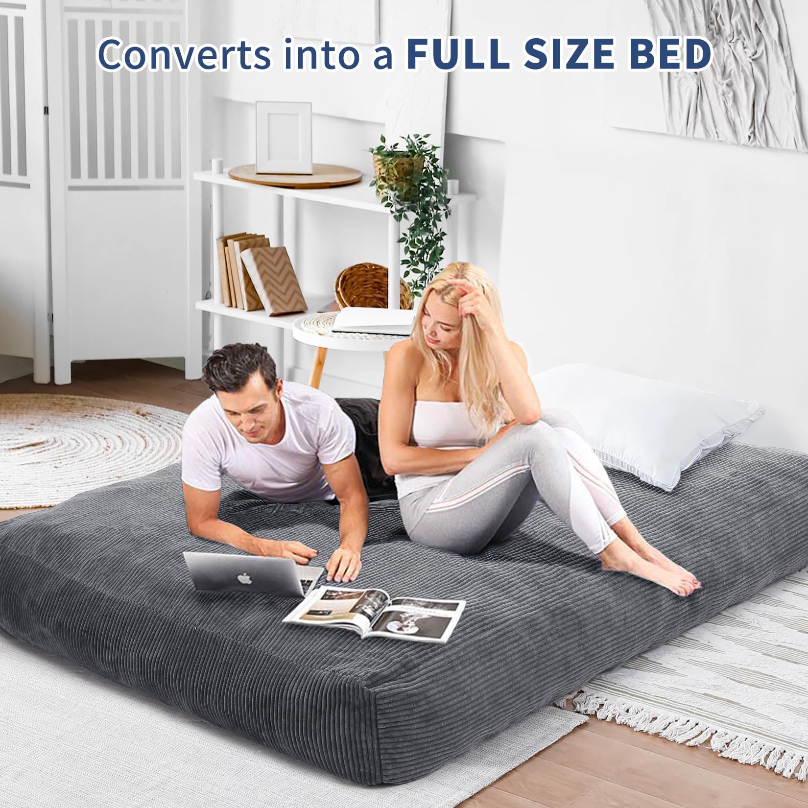Garvee Sillón Puf Gigante De Pana para Adultos: Sofá Convertible En Colchón, Espuma De Alta Densidad, Funda Extraíble y Lavable