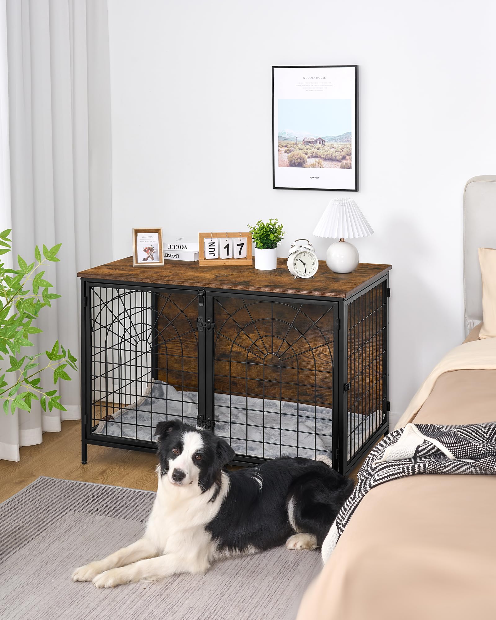 Hzuaneri 100cm Gabbia per Cani, Tavolo Supplemento, Nicchia Moderna per Cani, Kennel cane Medio Piccolo, Casetta per Animali, 3 porte, 60 x 100 x 70 cm, Anti-masticazione Anti-fuga, Marrone Rustico