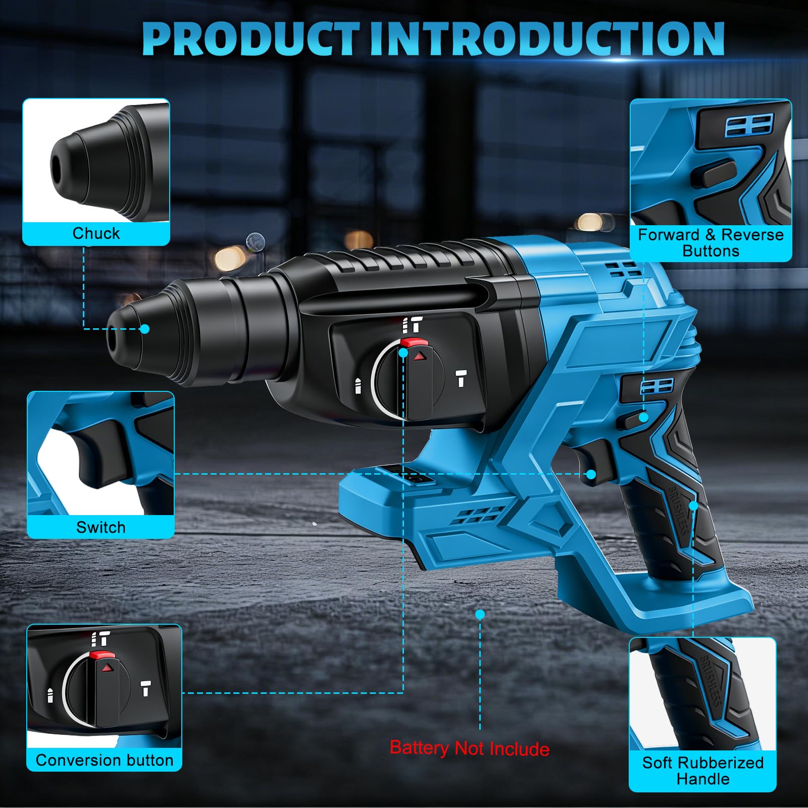 Martillo perforador para batería, compatible con batería de litio Makita de 18 V, martillo combinado profesional sin escobillas, taladro de impacto, 4500 BPM, 1700 RPM, 2,7 julios Max fuerza de